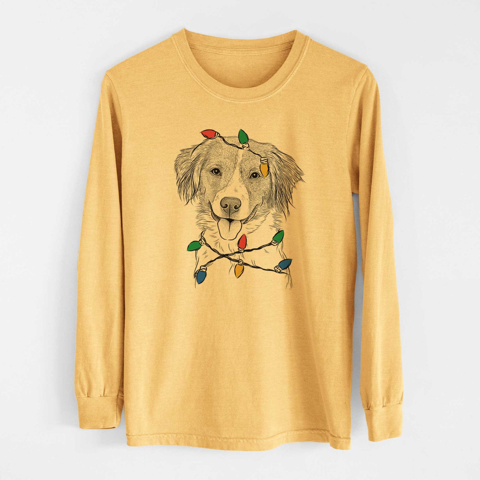 Christmas Lights Hercules the Nederlandse Kooikerhondje - Heavyweight 100% Cotton Long Sleeve