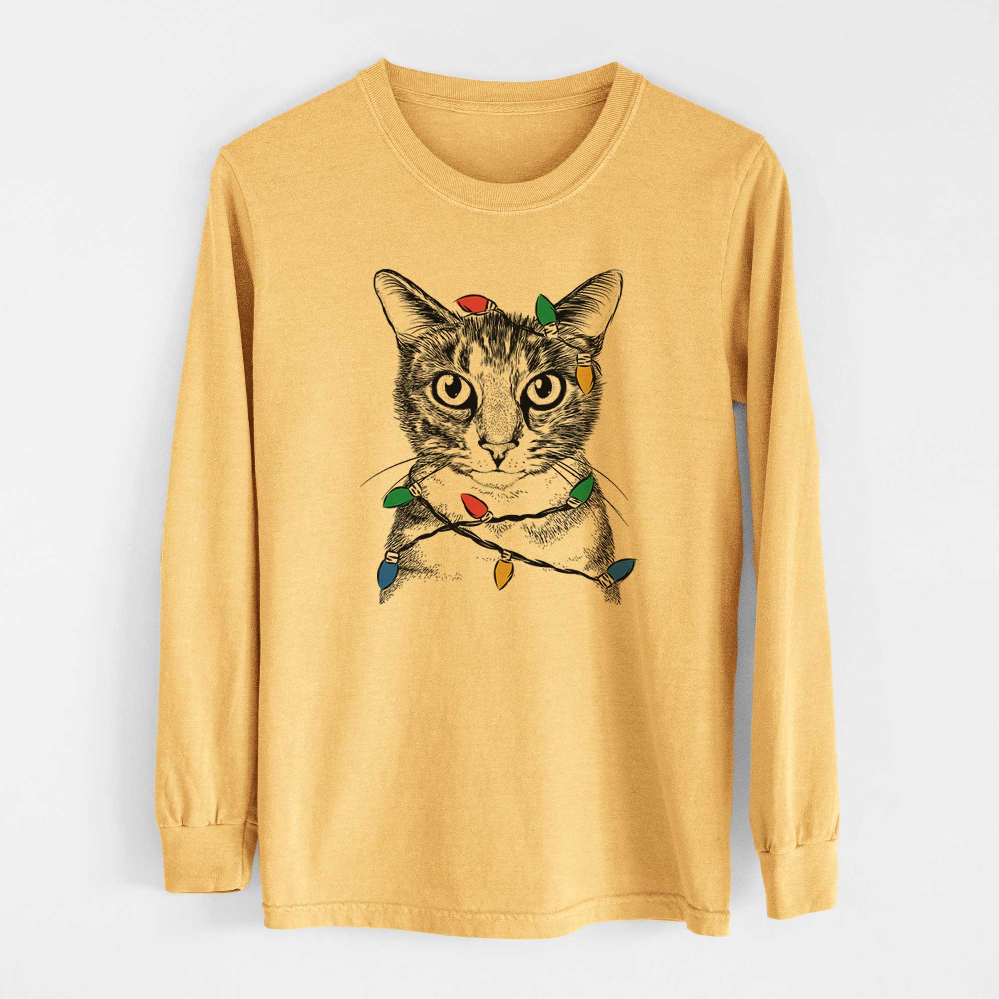 Christmas Lights Hobbes the Tabby Cat - Heavyweight 100% Cotton Long Sleeve