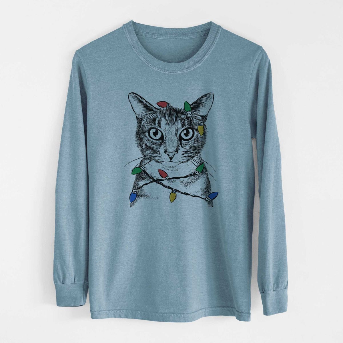 Christmas Lights Hobbes the Tabby Cat - Heavyweight 100% Cotton Long Sleeve