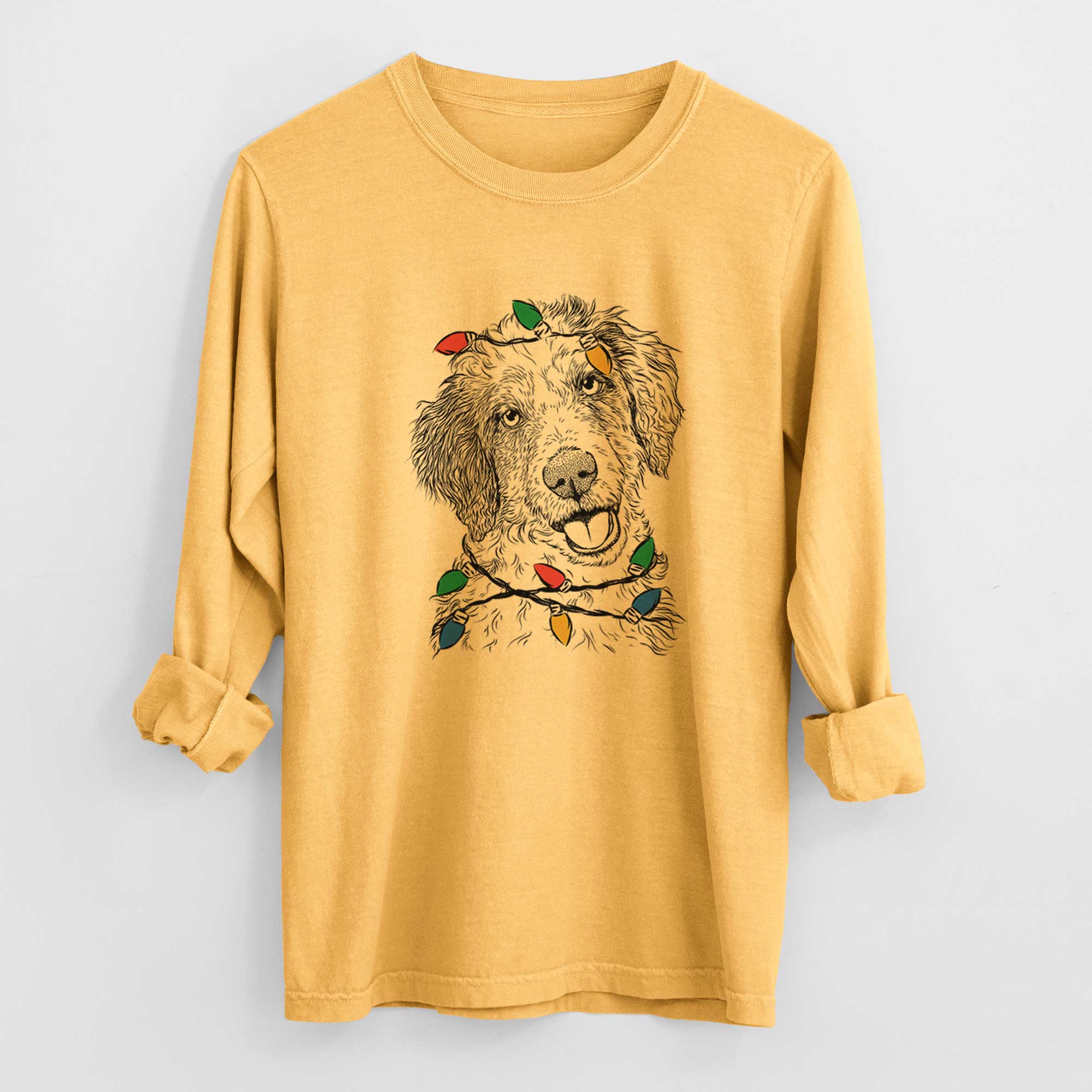 Christmas Lights Hoge the Aussiedoodle - Heavyweight 100% Cotton Long Sleeve