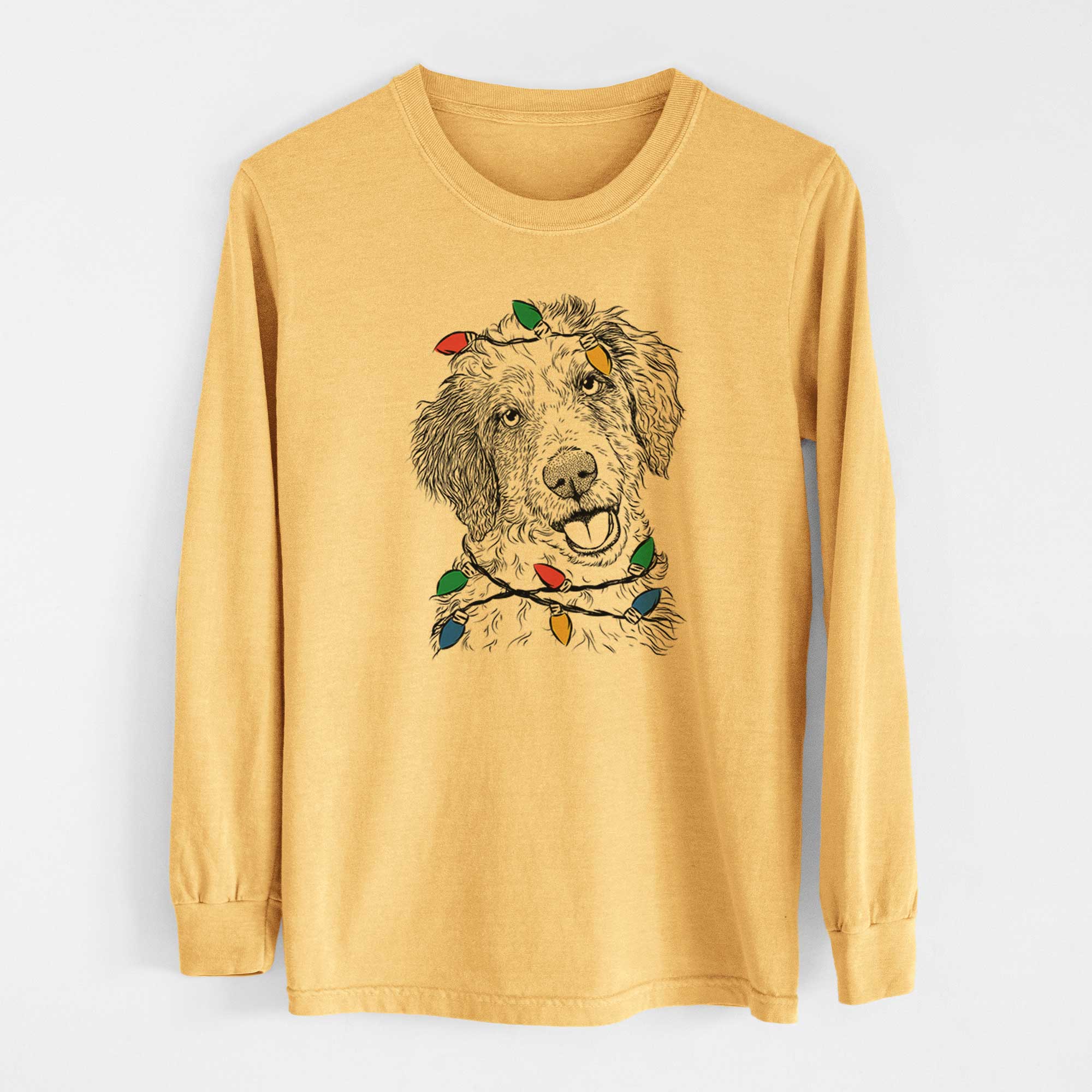 Christmas Lights Hoge the Aussiedoodle - Heavyweight 100% Cotton Long Sleeve