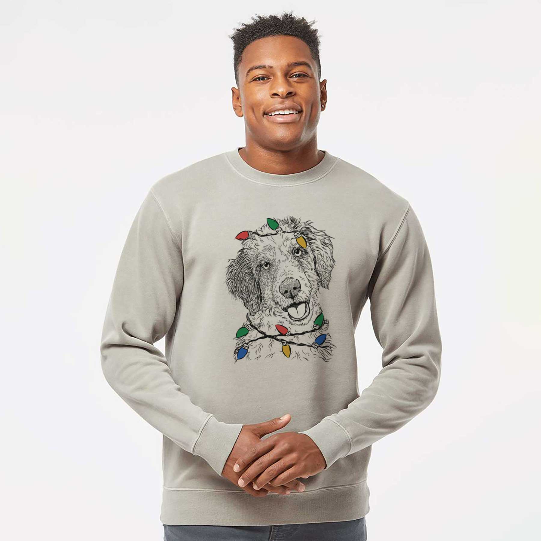 Christmas Lights Hoge the Aussiedoodle - Unisex Pigment Dyed Crew Sweatshirt