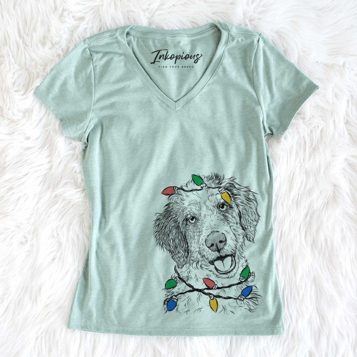 Christmas Lights Hoge the Aussiedoodle - Women&#39;s V-neck Shirt