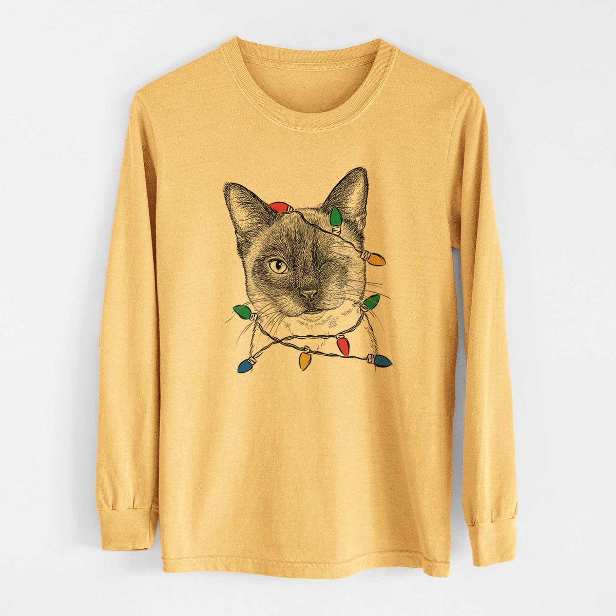 Christmas Lights Hoggle the Siamese Cat - Heavyweight 100% Cotton Long Sleeve