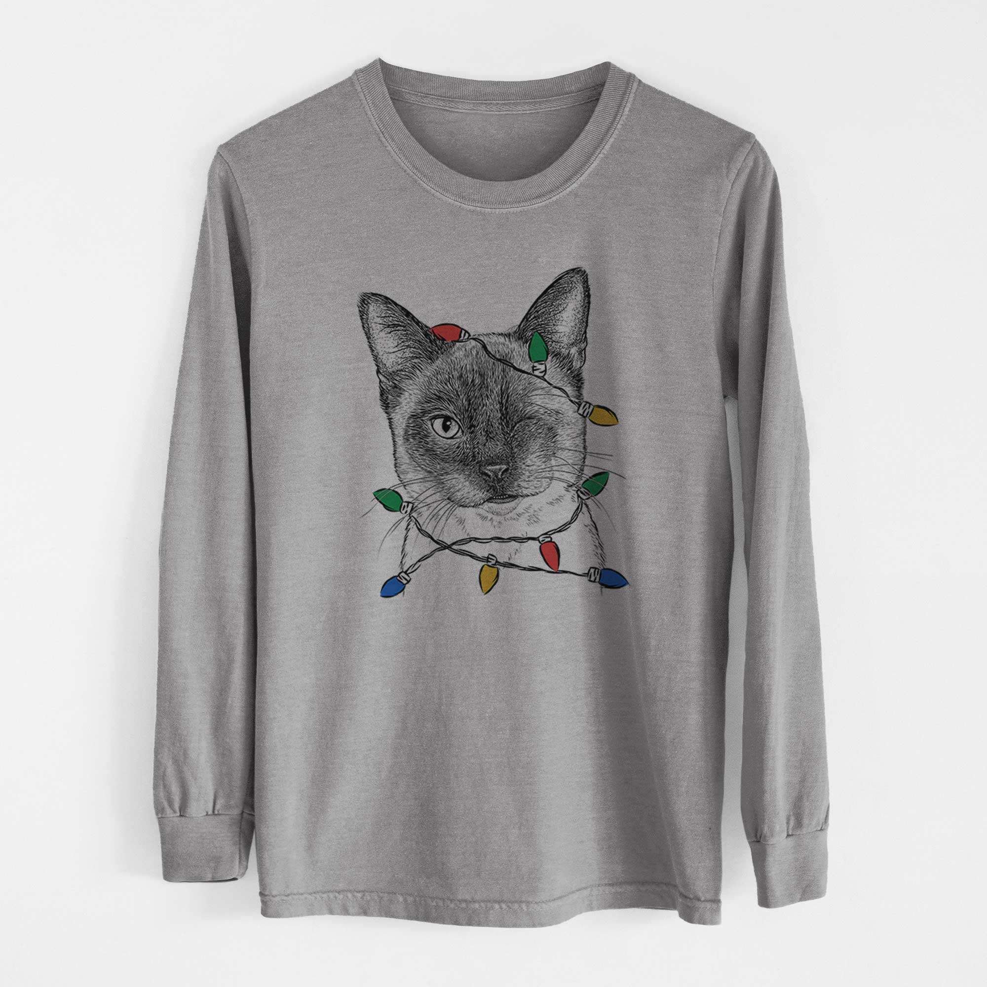 Christmas Lights Hoggle the Siamese Cat - Heavyweight 100% Cotton Long Sleeve