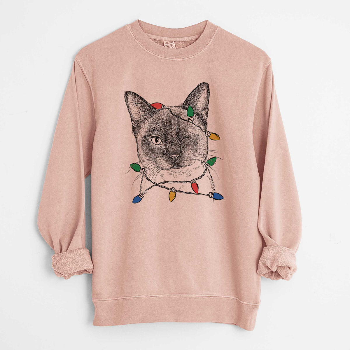 Christmas Lights Hoggle the Siamese Cat - Unisex Pigment Dyed Crew Sweatshirt