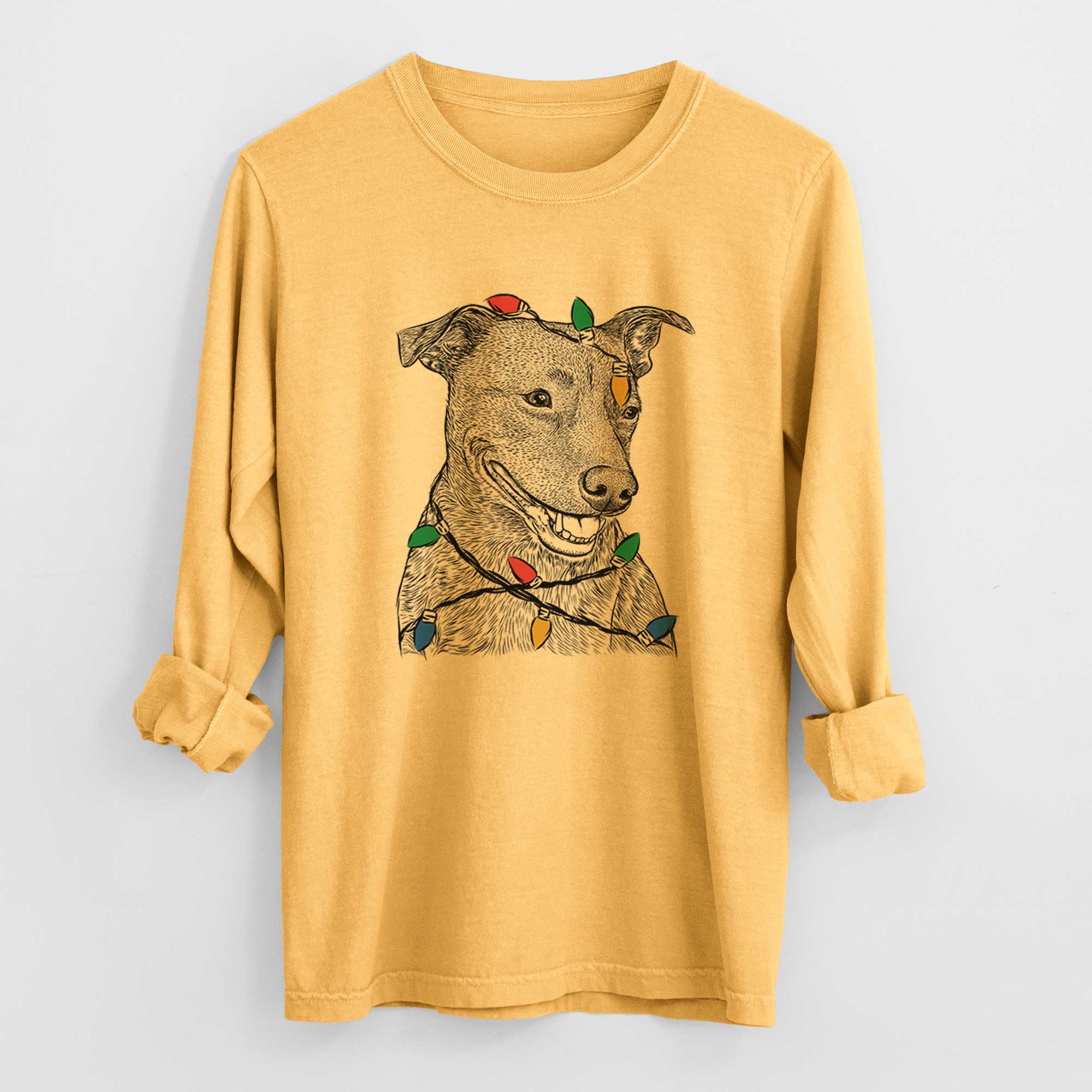 Christmas Lights Honey the Lab Pit Mix - Heavyweight 100% Cotton Long Sleeve