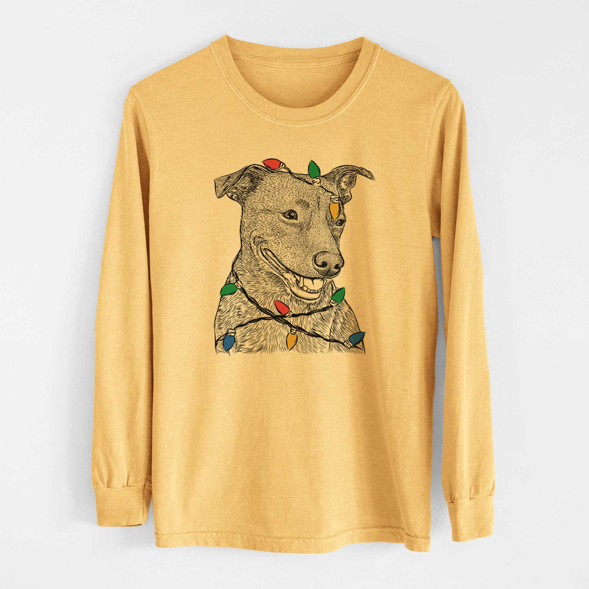 Christmas Lights Honey the Lab Pit Mix - Heavyweight 100% Cotton Long Sleeve