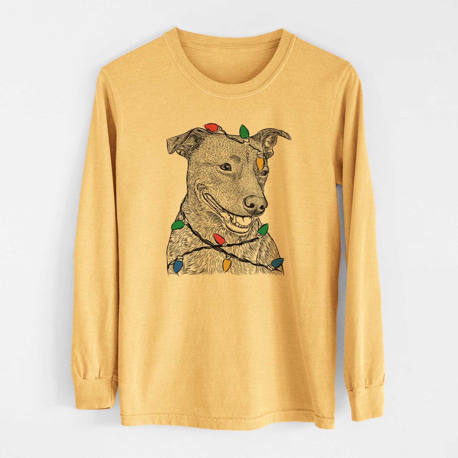 Christmas Lights Honey the Lab Pit Mix - Heavyweight 100% Cotton Long Sleeve