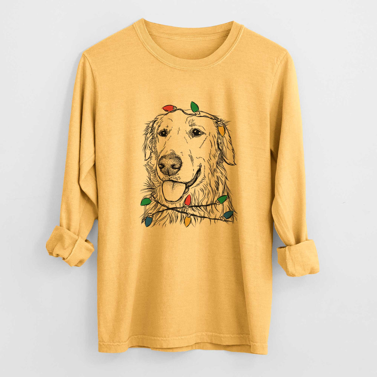 Christmas Lights Hopper the Golden Retriever - Heavyweight 100% Cotton Long Sleeve