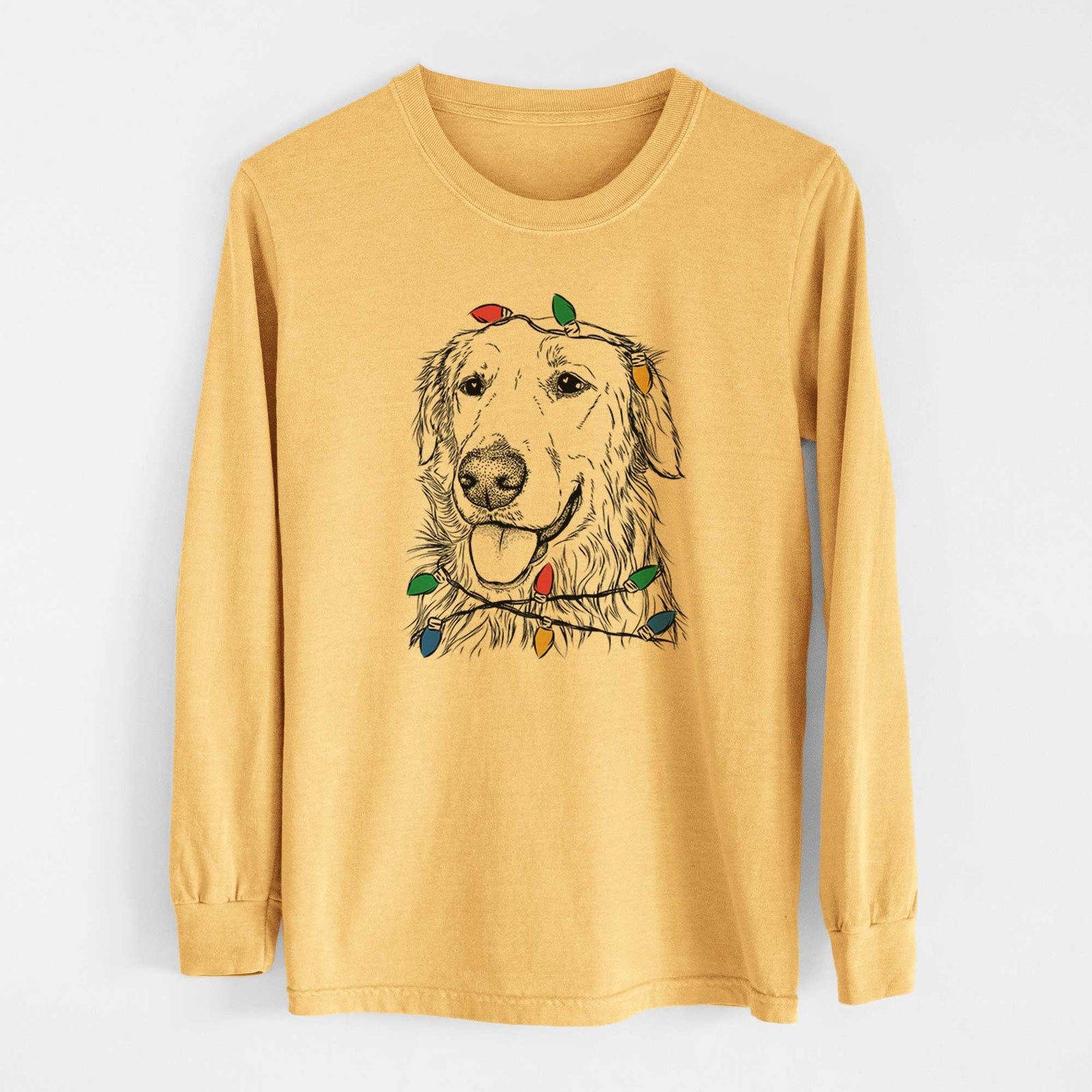 Christmas Lights Hopper the Golden Retriever - Heavyweight 100% Cotton Long Sleeve