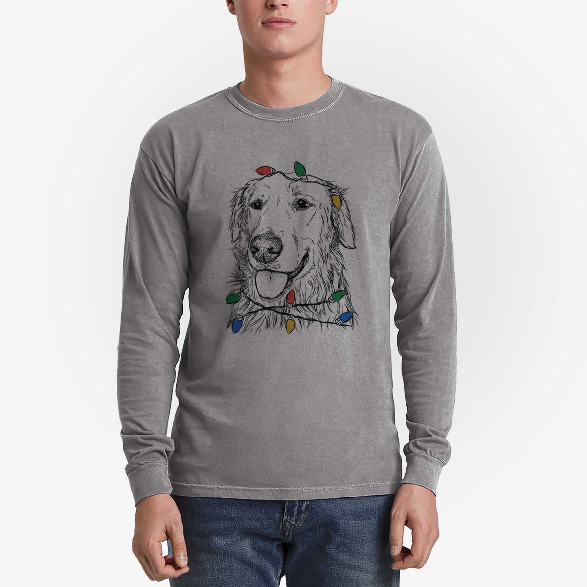 Christmas Lights Hopper the Golden Retriever - Heavyweight 100% Cotton Long Sleeve