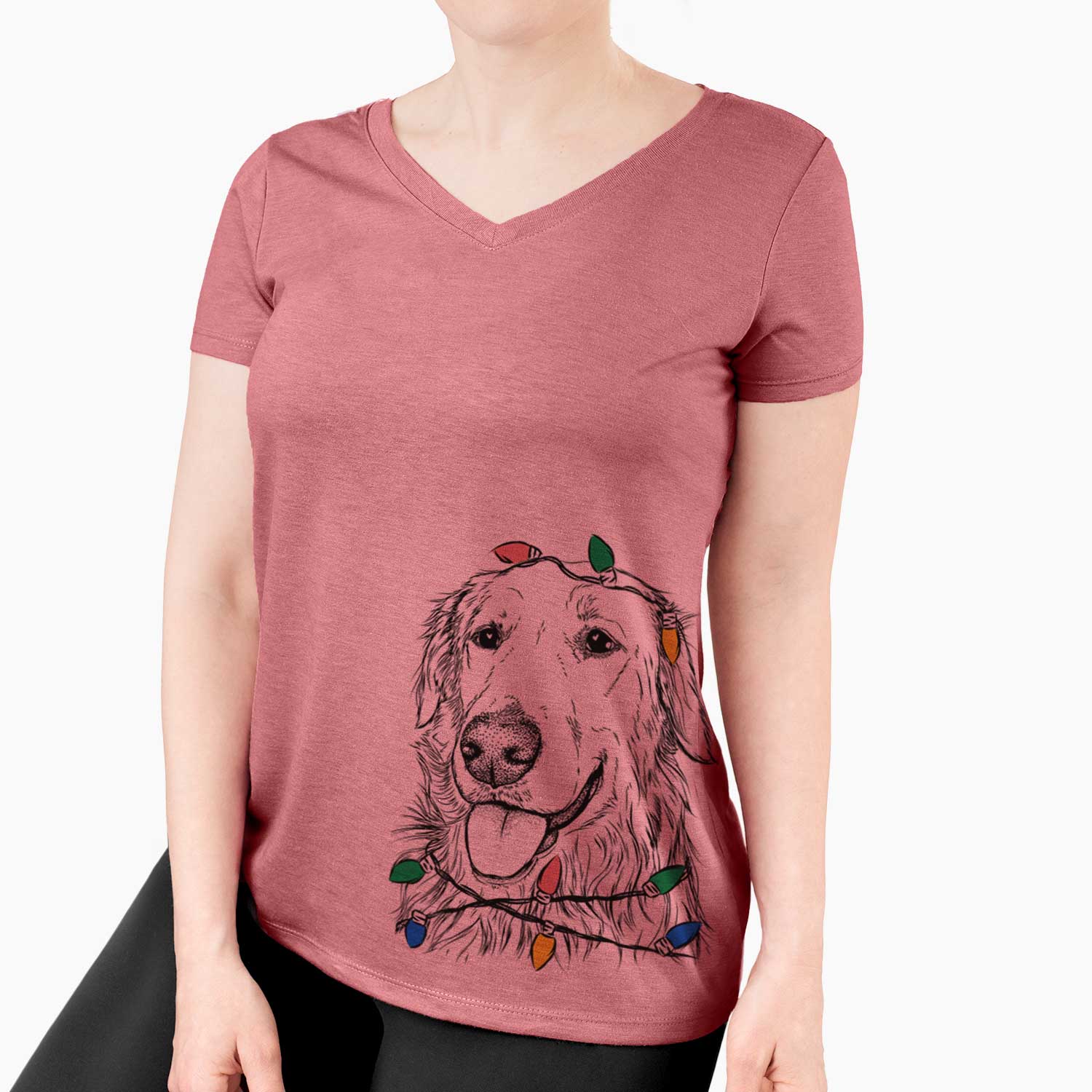 Christmas Lights Hopper the Golden Retriever - Women's V-neck Shirt