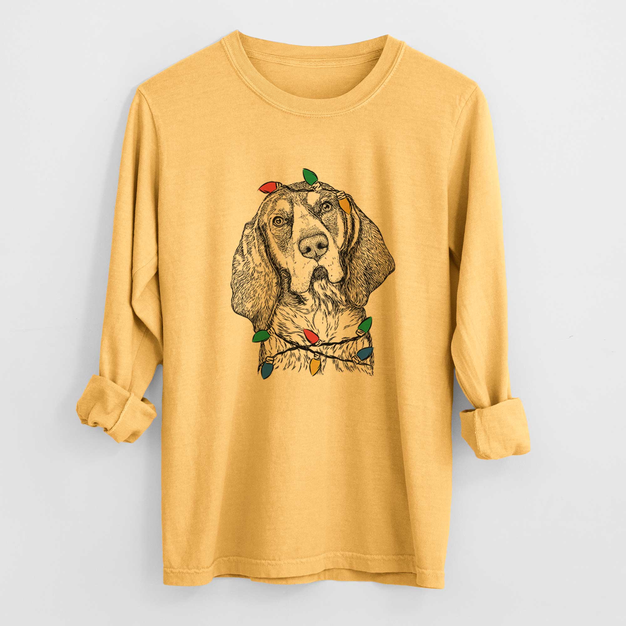 Christmas Lights Huck the Bluetick Coonhound - Heavyweight 100% Cotton Long Sleeve