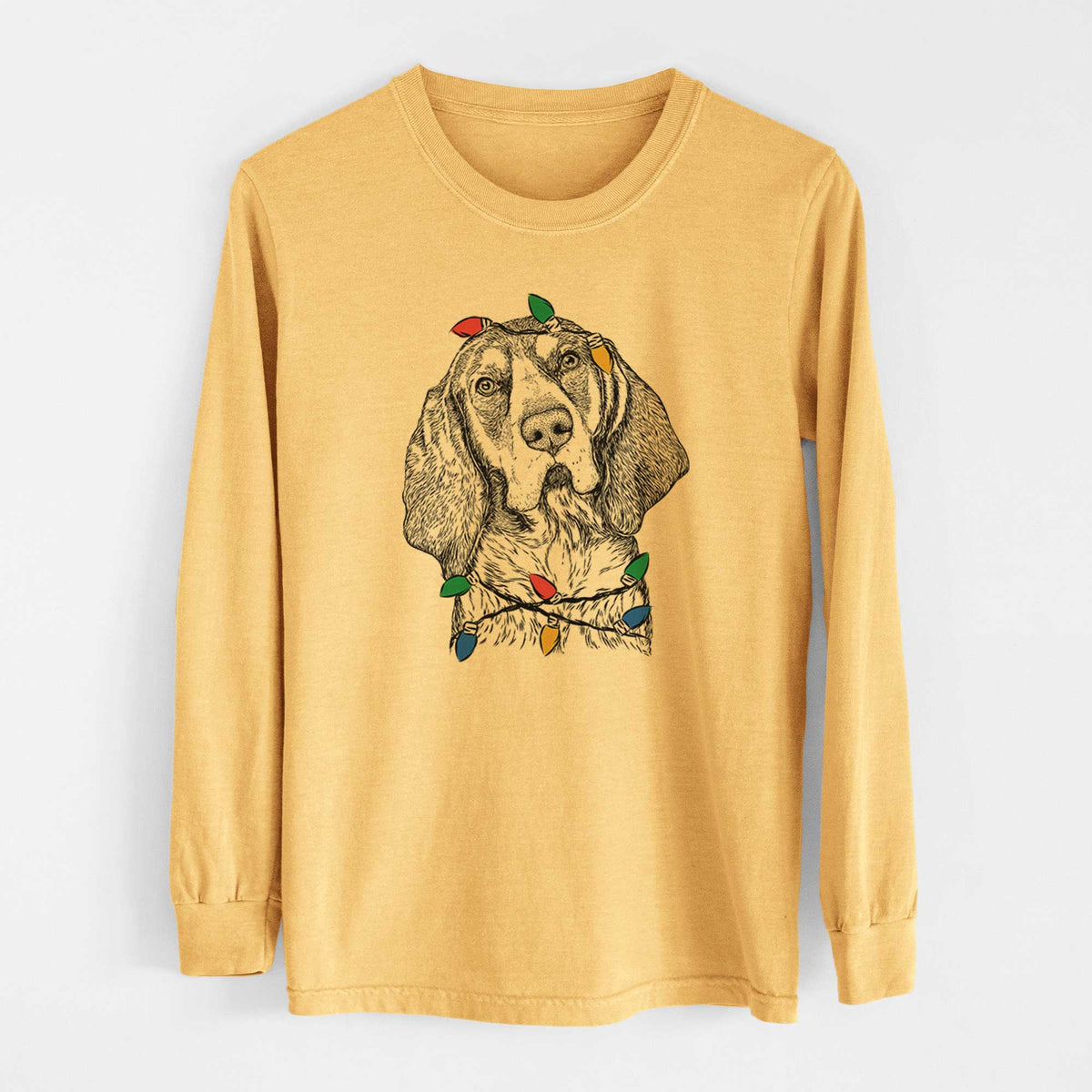 Christmas Lights Huck the Bluetick Coonhound - Heavyweight 100% Cotton Long Sleeve