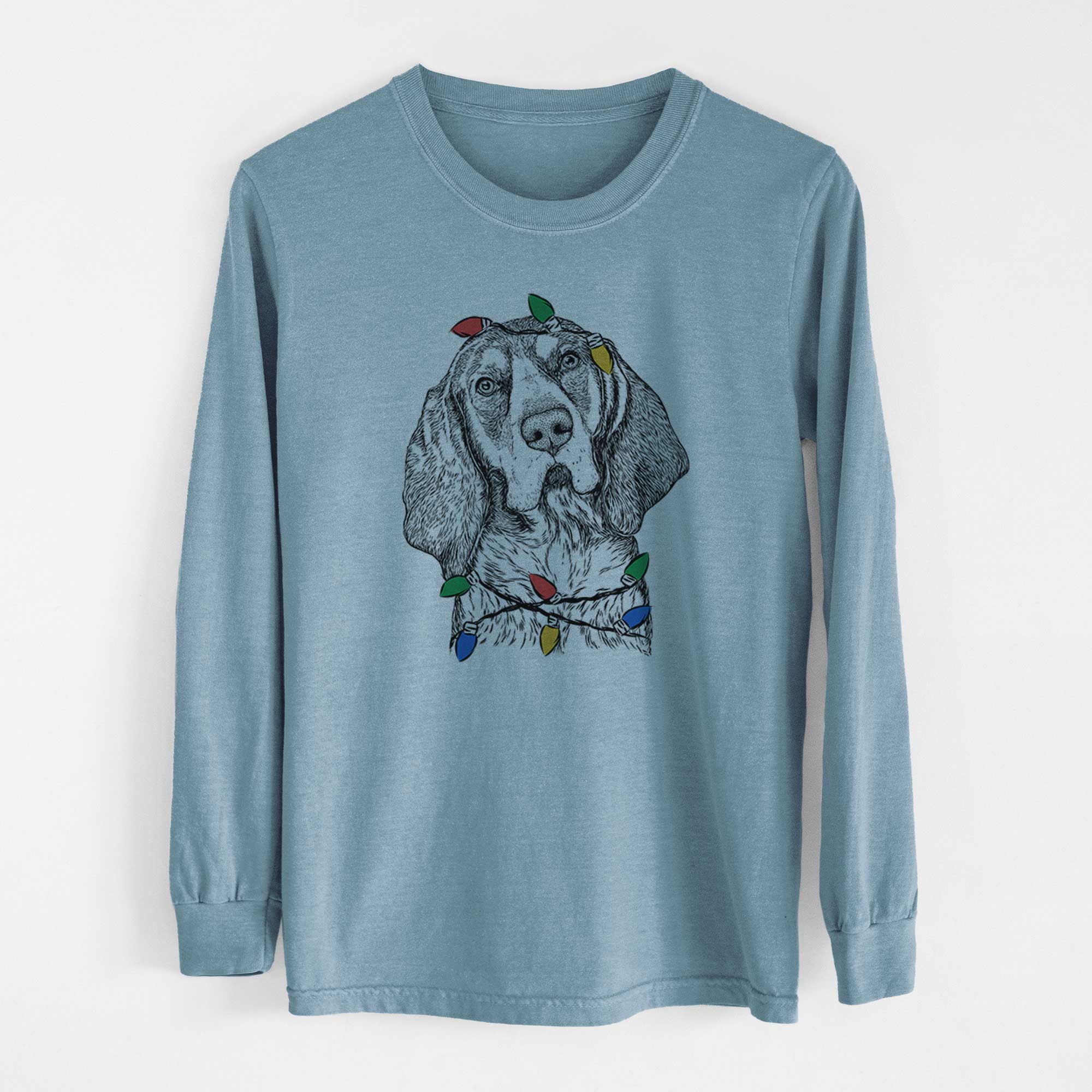 Christmas Lights Huck the Bluetick Coonhound - Heavyweight 100% Cotton Long Sleeve