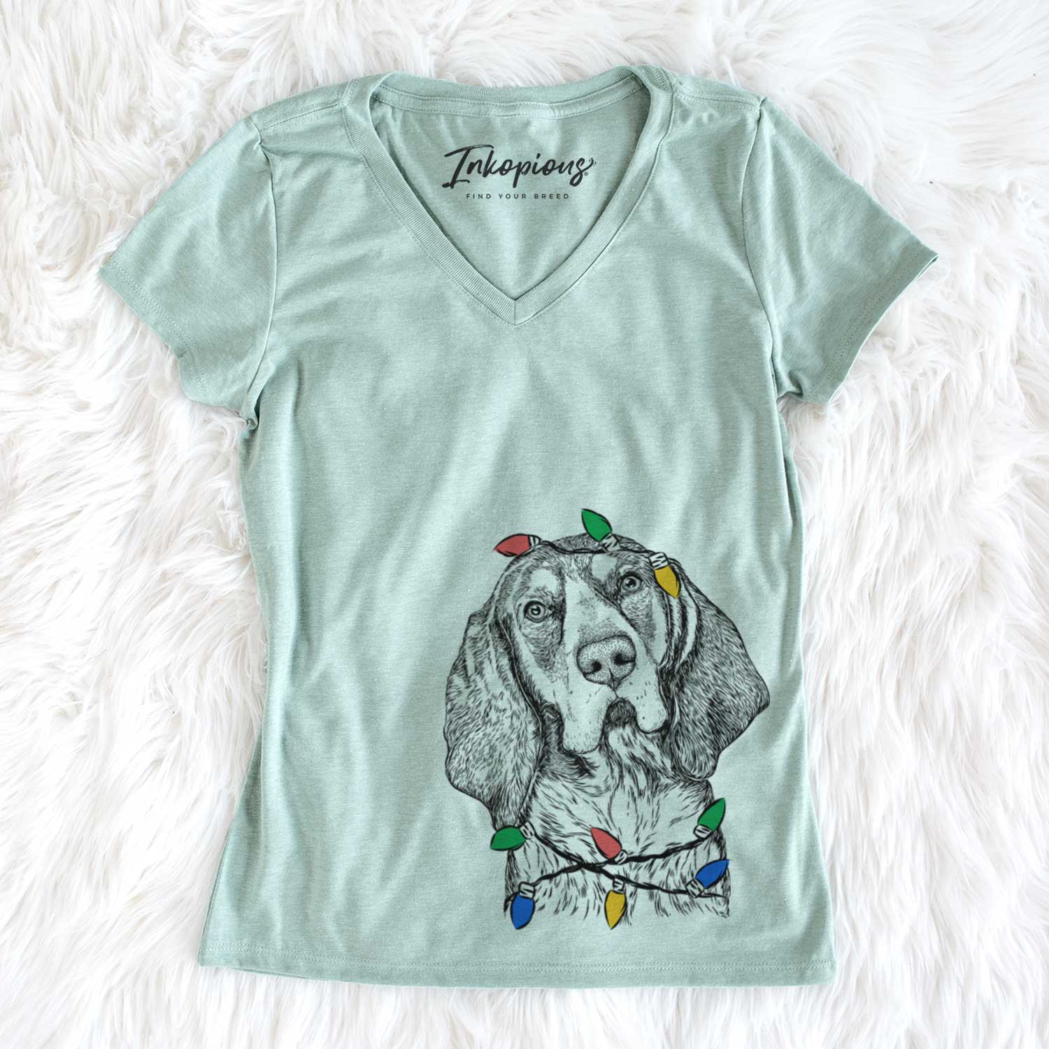 Christmas Lights Huck the Bluetick Coonhound - Women's V-neck Shirt