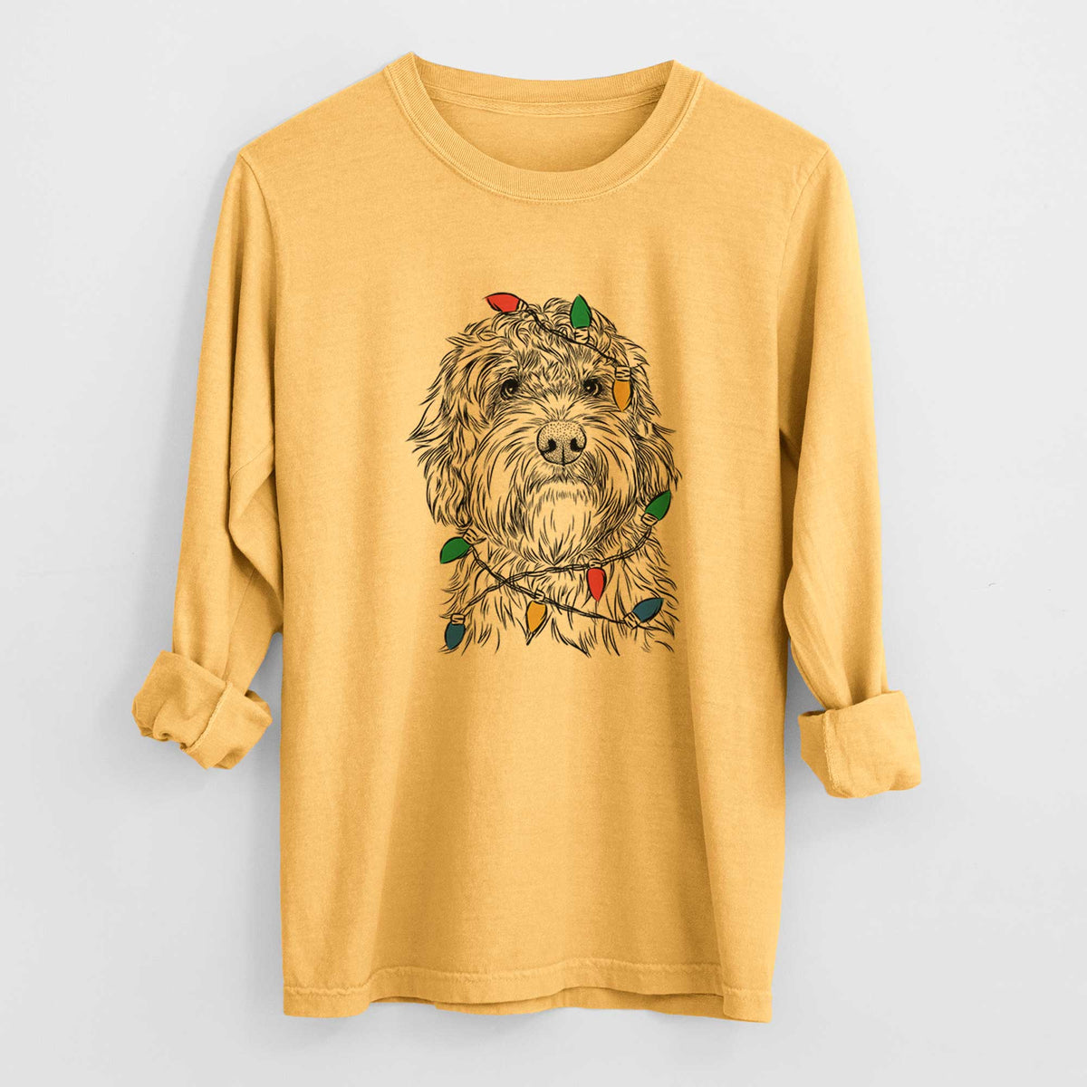 Christmas Lights Huckleberry the Australian Labradoodle - Heavyweight 100% Cotton Long Sleeve