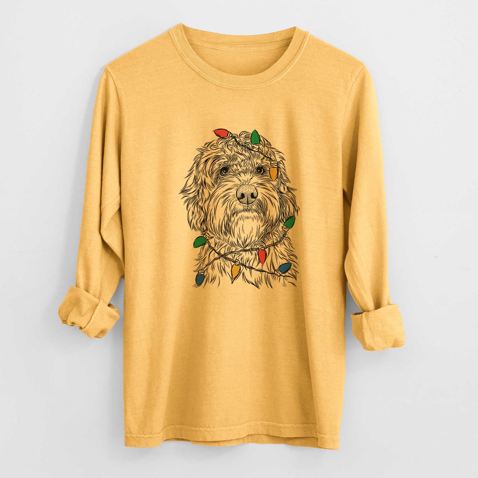 Christmas Lights Huckleberry the Australian Labradoodle - Heavyweight 100% Cotton Long Sleeve