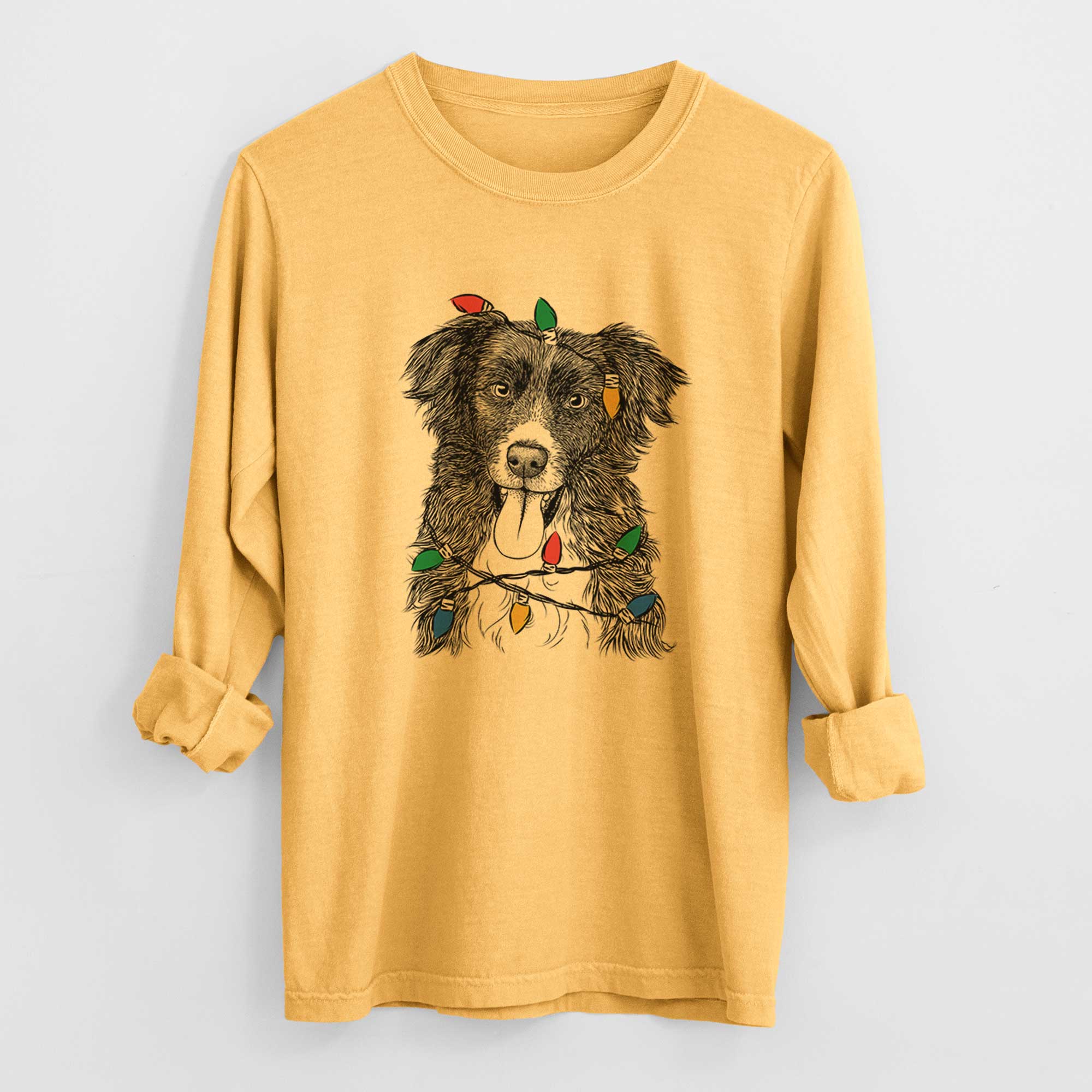 Christmas Lights Indi the Border Collie - Heavyweight 100% Cotton Long Sleeve