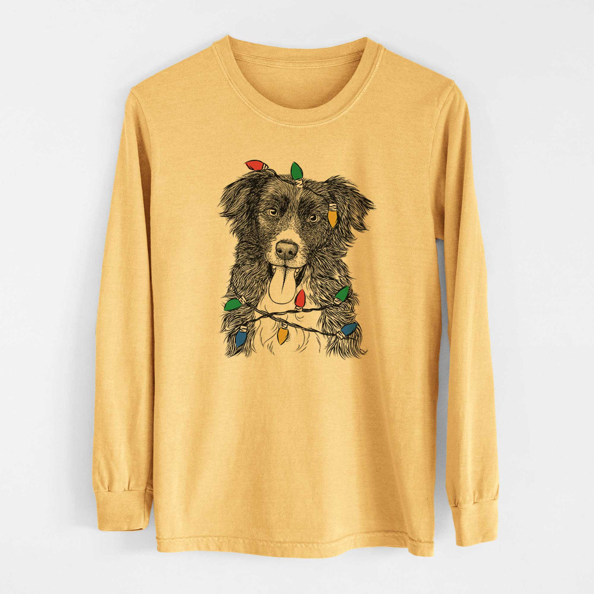 Christmas Lights Indi the Border Collie - Heavyweight 100% Cotton Long Sleeve