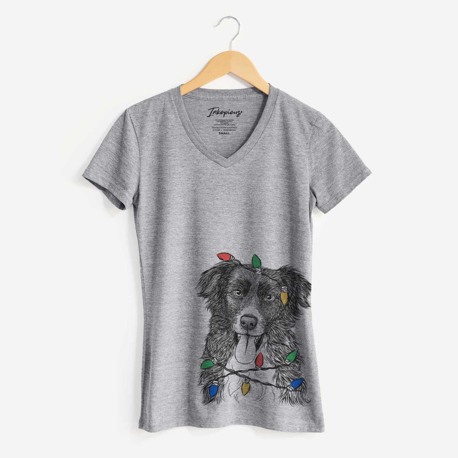 Christmas Lights Indi the Border Collie - Women's V-neck Shirt