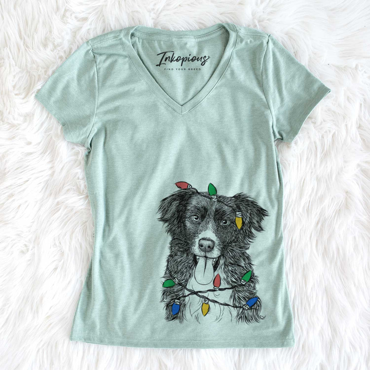 Christmas Lights Indi the Border Collie - Women&#39;s V-neck Shirt