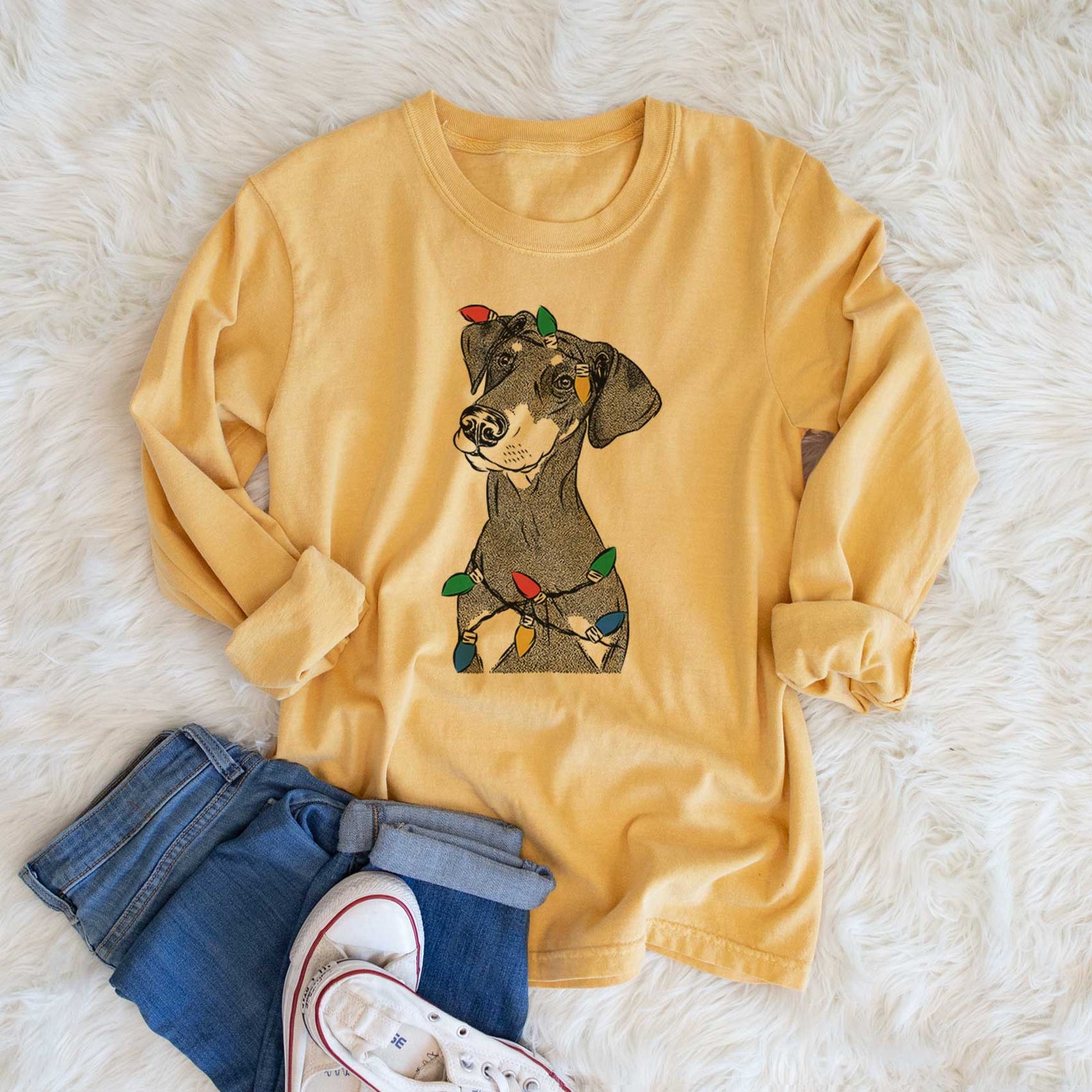 Christmas Lights Iroh the Doberman Pinscher - Heavyweight 100% Cotton Long Sleeve
