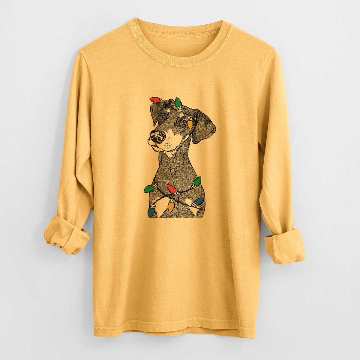 Christmas Lights Iroh the Doberman Pinscher - Heavyweight 100% Cotton Long Sleeve