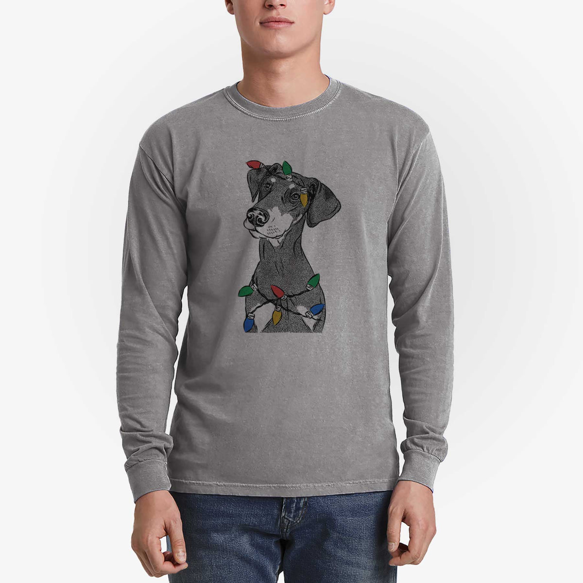 Christmas Lights Iroh the Doberman Pinscher - Heavyweight 100% Cotton Long Sleeve
