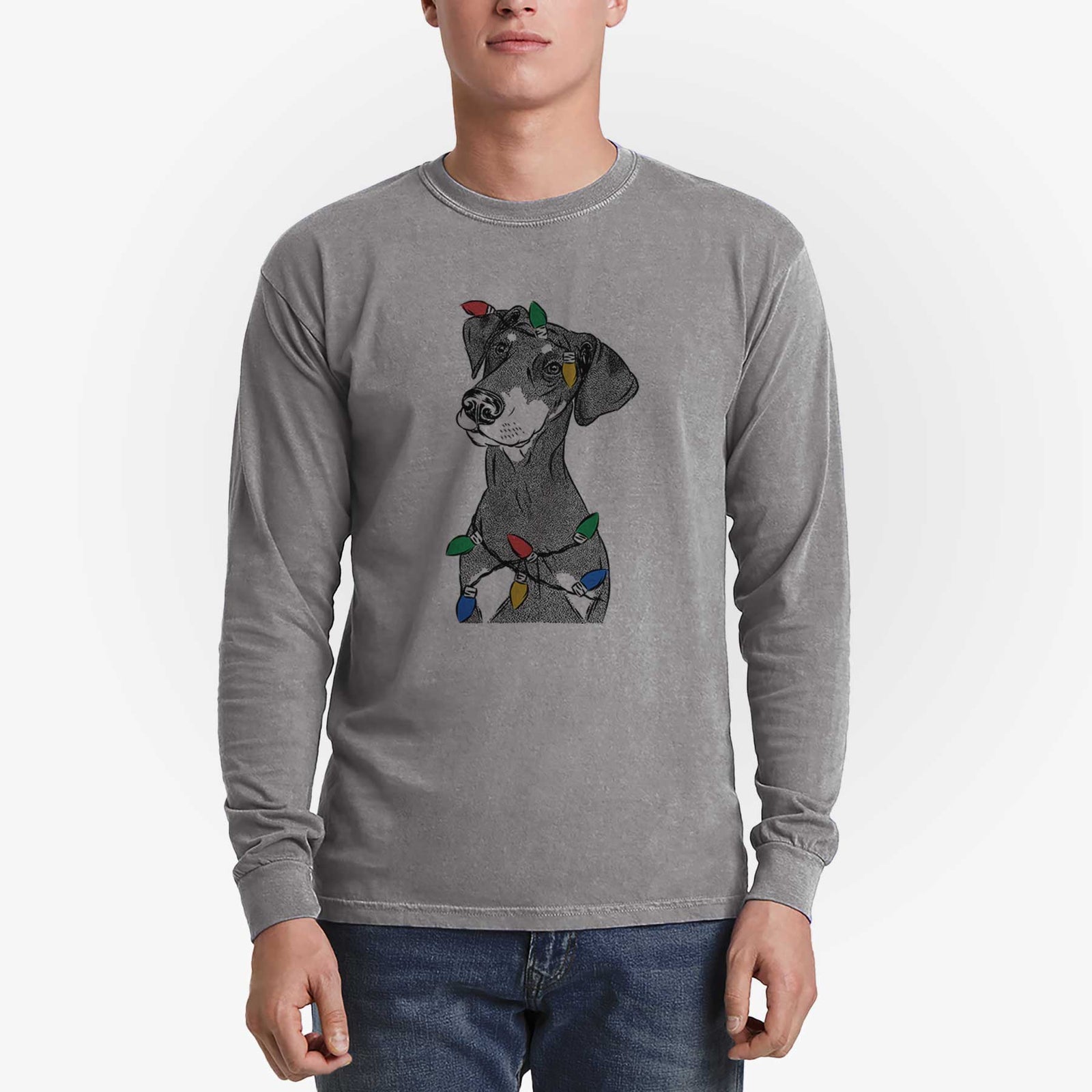 Christmas Lights Iroh the Doberman Pinscher - Heavyweight 100% Cotton Long Sleeve