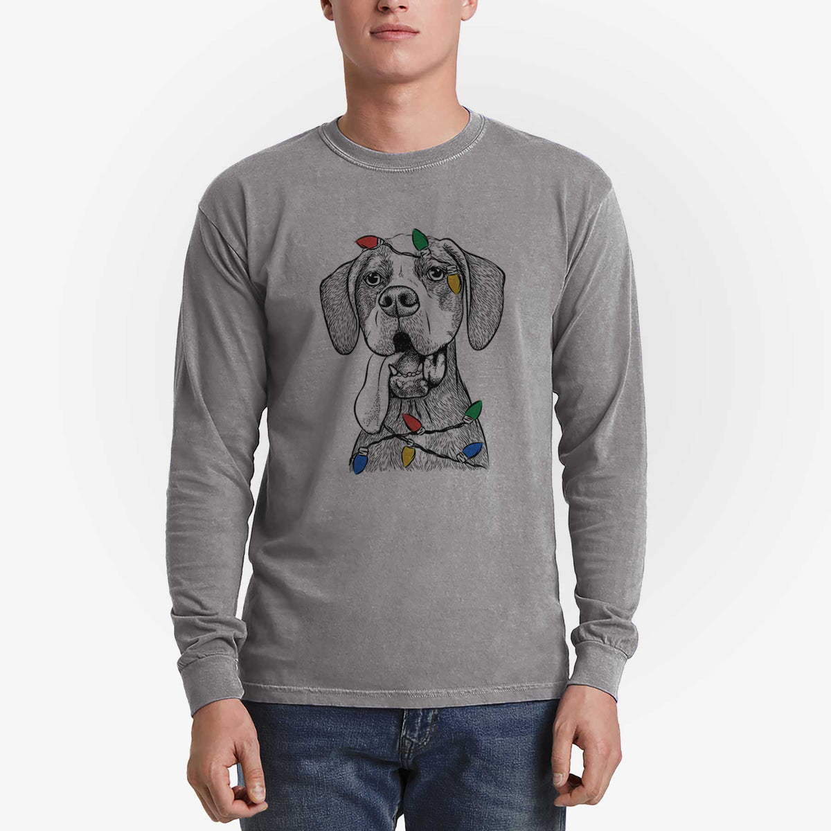 Christmas Lights Irwin the English Pointer - Heavyweight 100% Cotton Long Sleeve