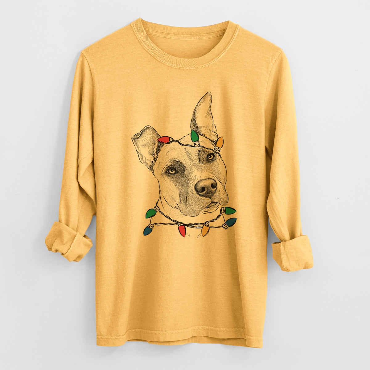 Christmas Lights Ivy the Pitbull Mix - Heavyweight 100% Cotton Long Sleeve