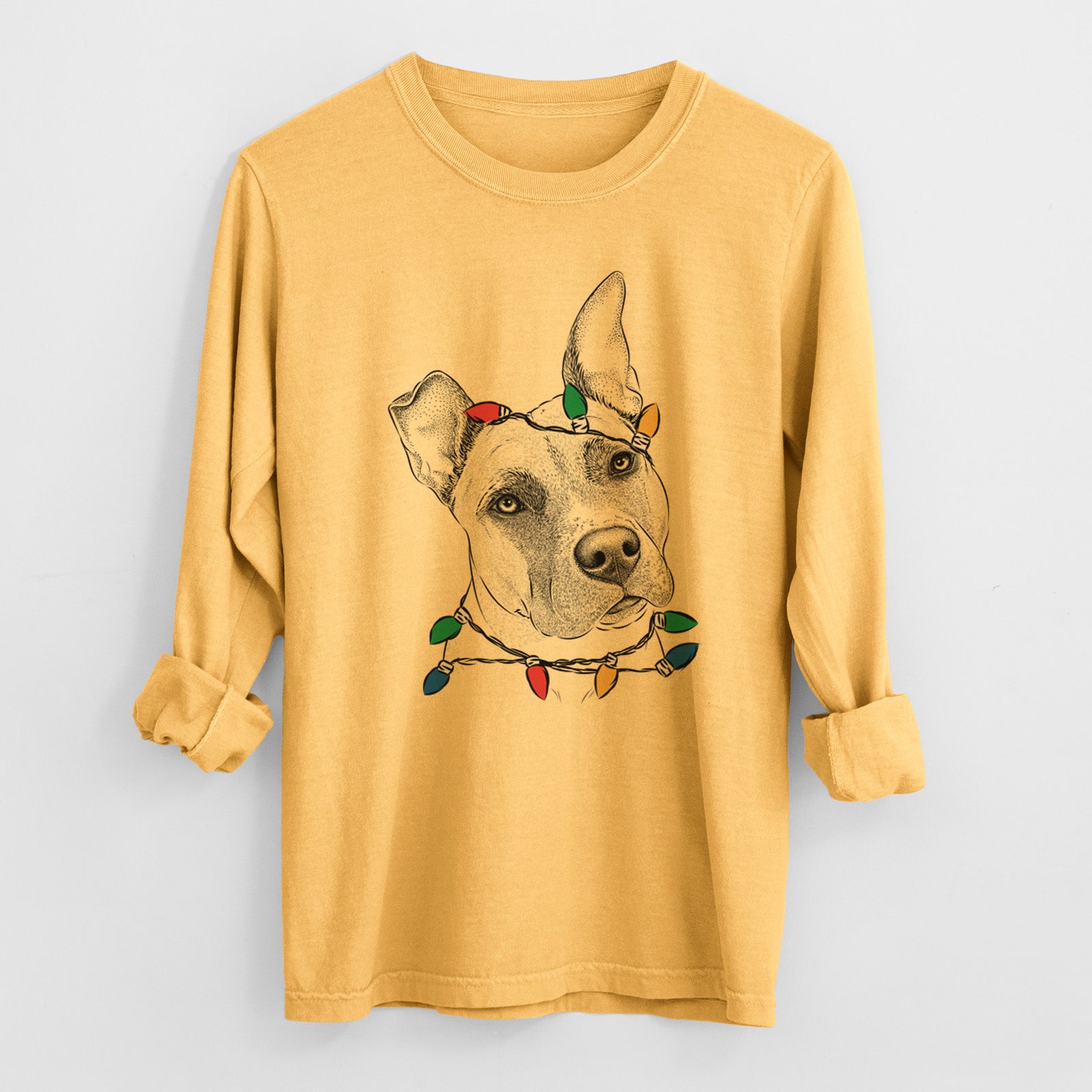 Christmas Lights Ivy the Pitbull Mix - Heavyweight 100% Cotton Long Sleeve