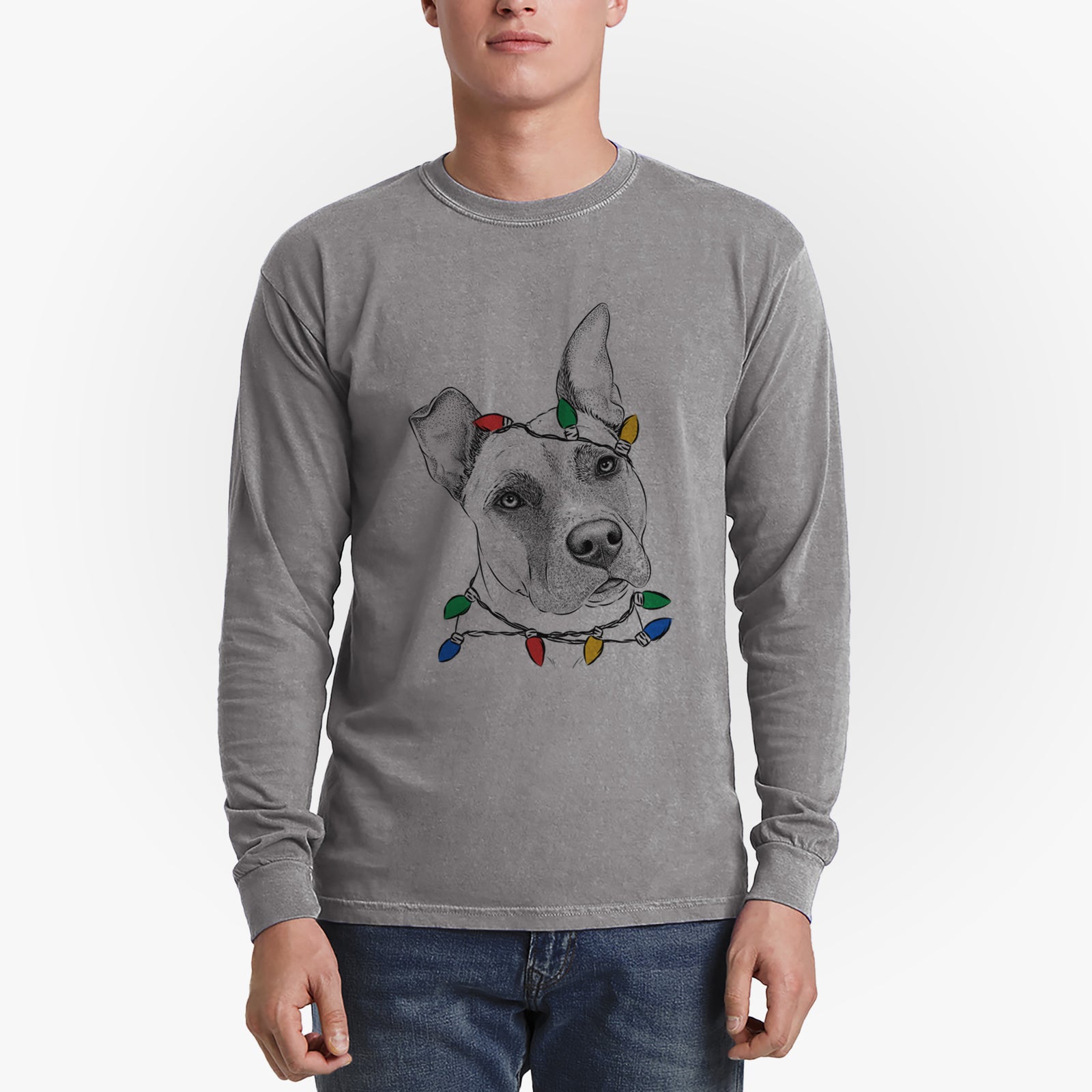 Christmas Lights Ivy the Pitbull Mix - Heavyweight 100% Cotton Long Sleeve