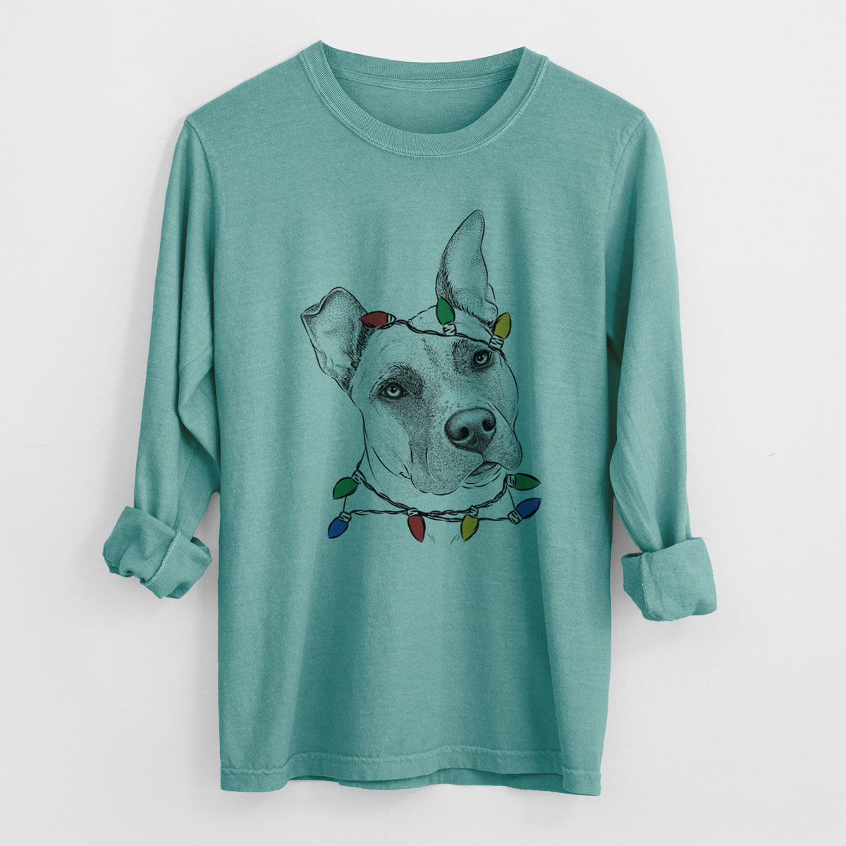 Christmas Lights Ivy the Pitbull Mix - Heavyweight 100% Cotton Long Sleeve