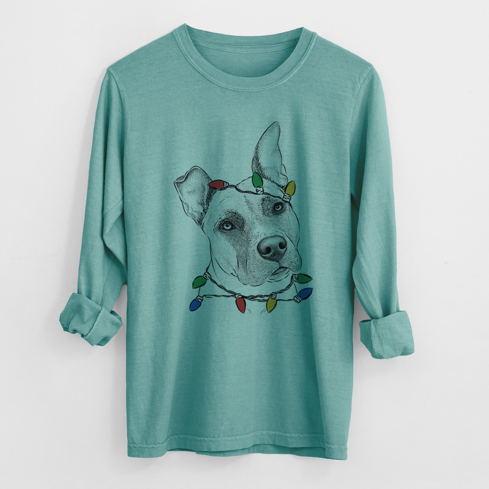 Christmas Lights Ivy the Pitbull Mix - Heavyweight 100% Cotton Long Sleeve