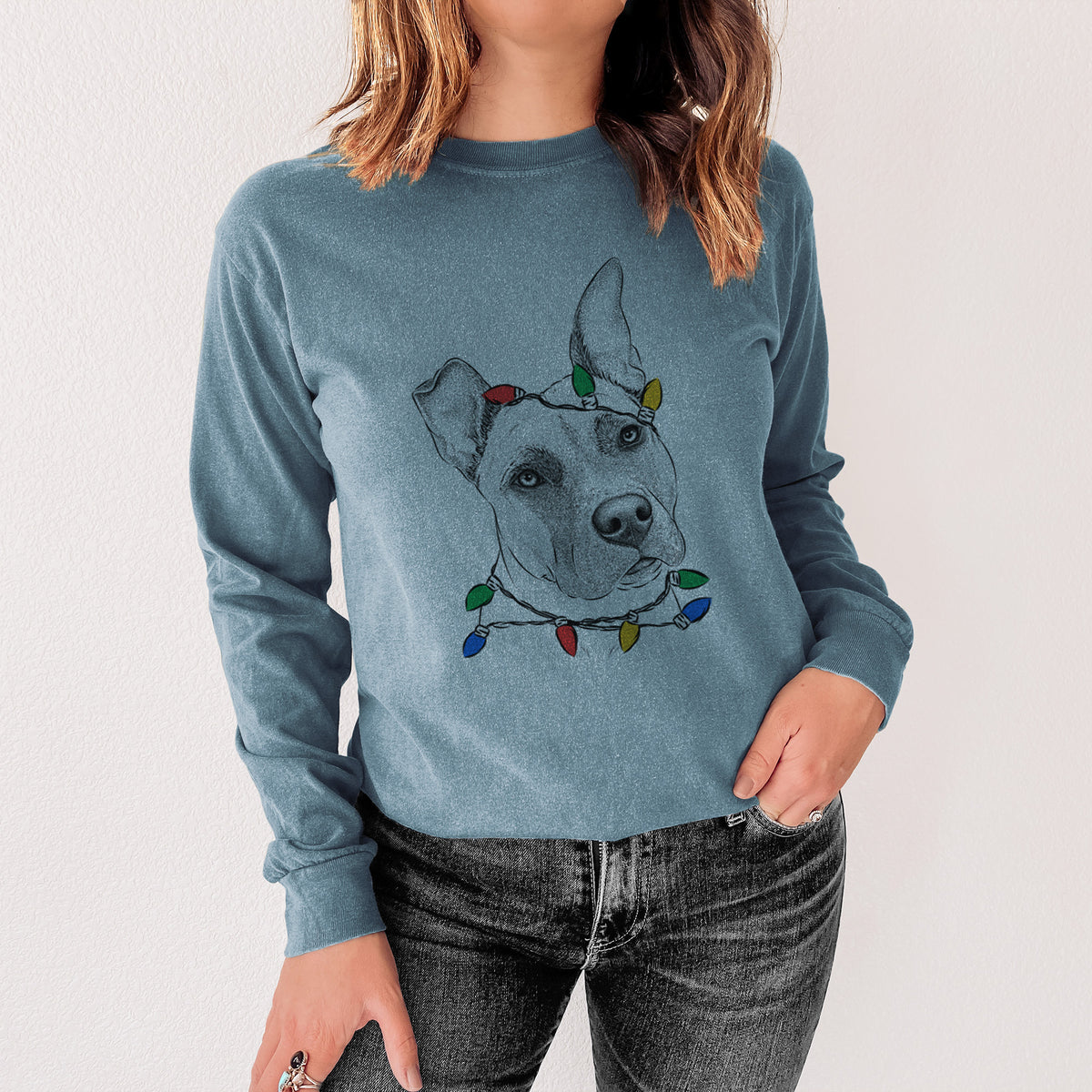 Christmas Lights Ivy the Pitbull Mix - Heavyweight 100% Cotton Long Sleeve