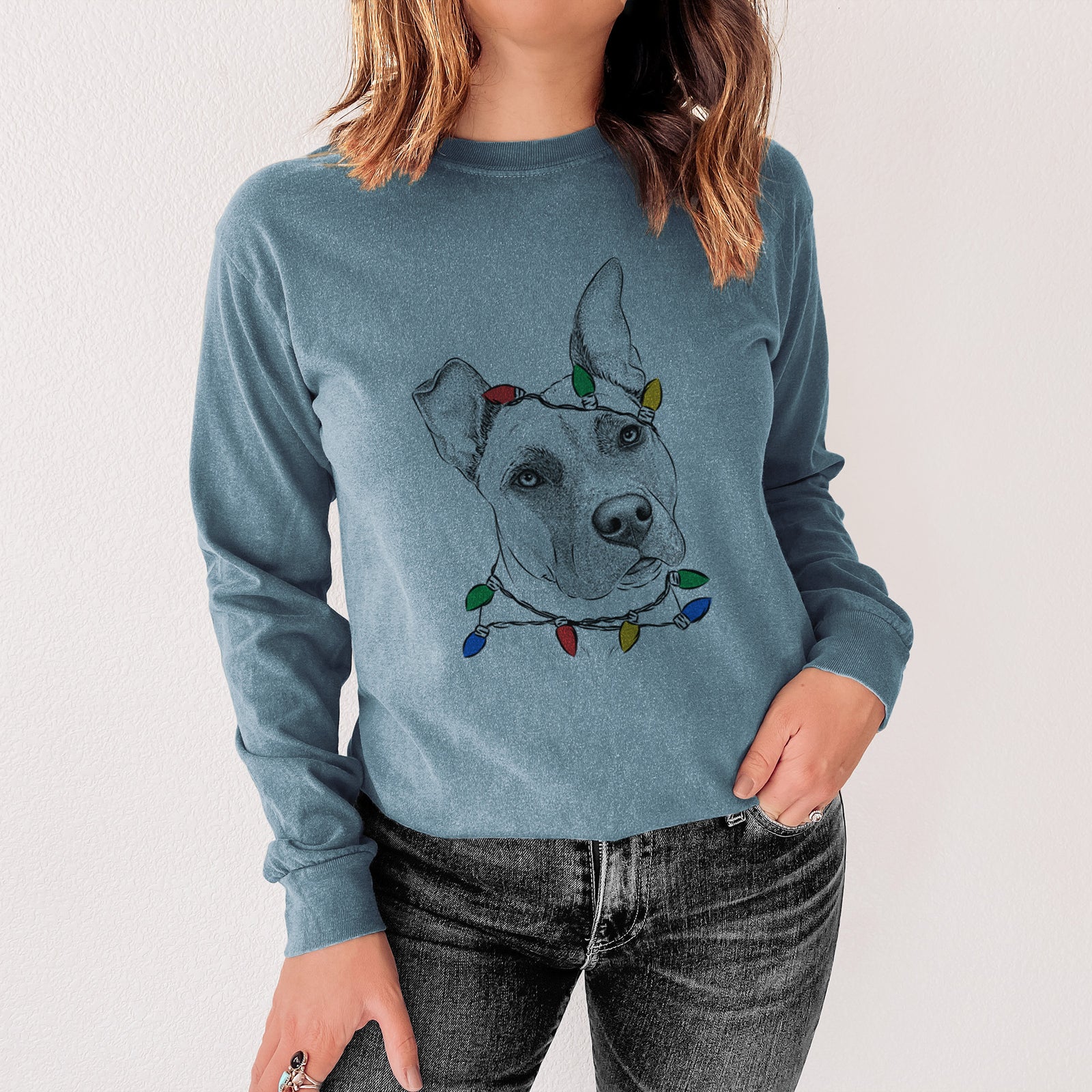 Christmas Lights Ivy the Pitbull Mix - Heavyweight 100% Cotton Long Sleeve