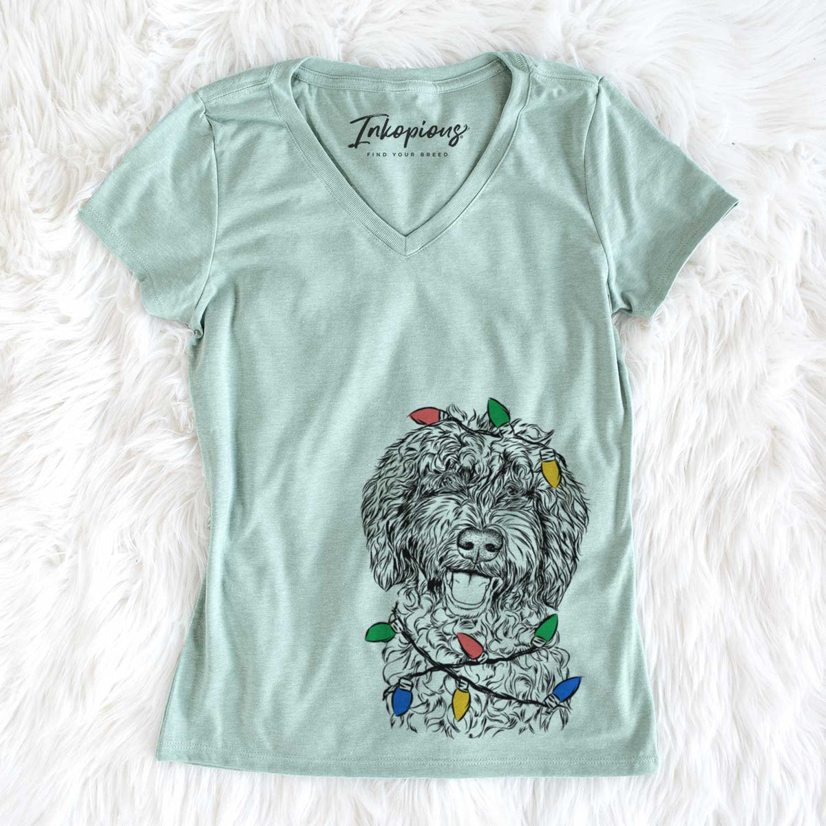 Christmas Lights Jack the Chocolate Labradoodle - Women&#39;s V-neck Shirt