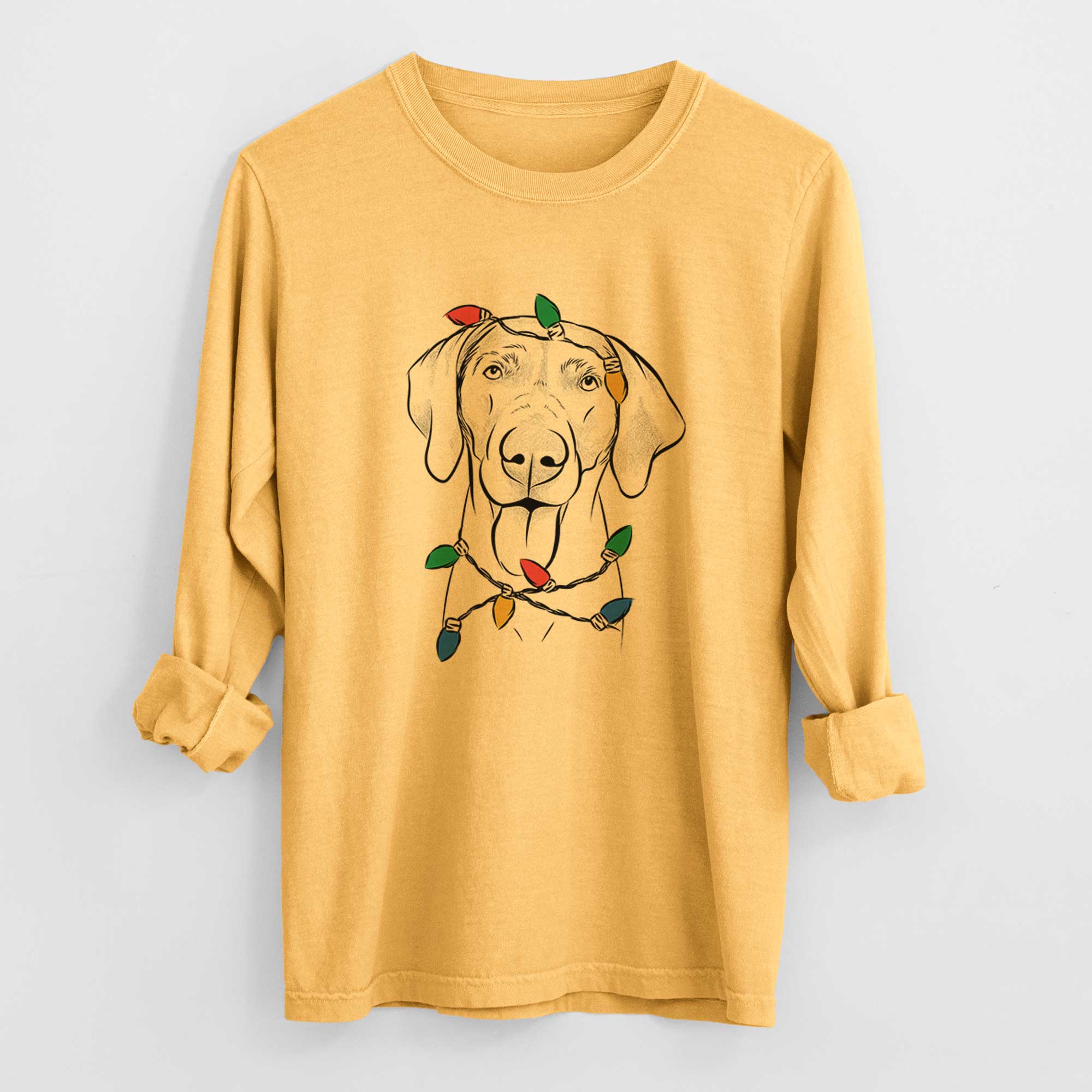 Christmas Lights Jackson the Weimaraner - Heavyweight 100% Cotton Long Sleeve