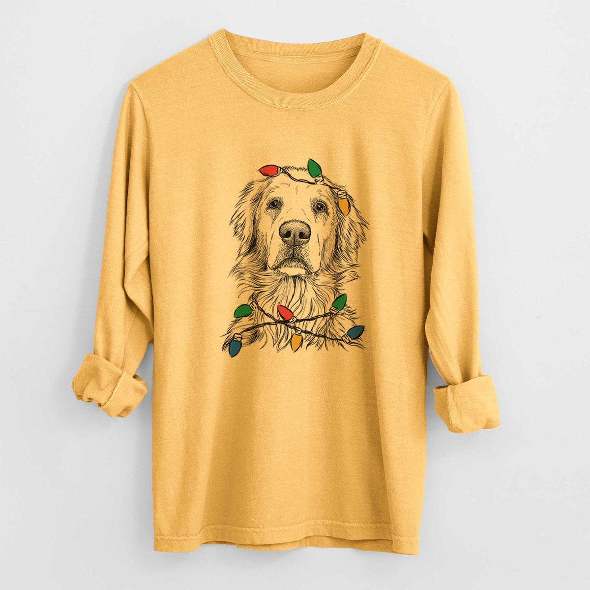 Christmas Lights Jake aroni the Golden Retriever - Heavyweight 100% Cotton Long Sleeve