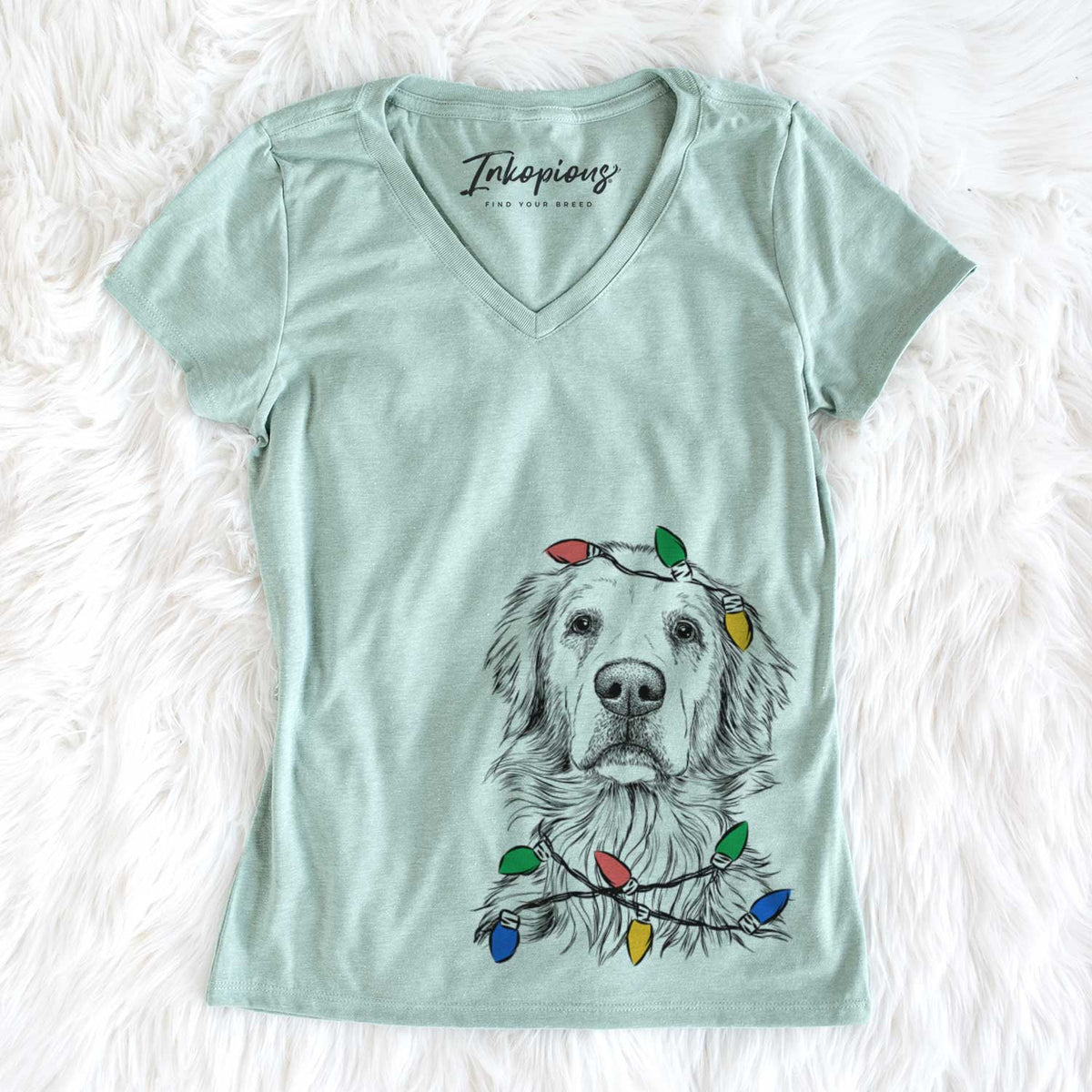 Christmas Lights Jake aroni the Golden Retriever - Women&#39;s V-neck Shirt