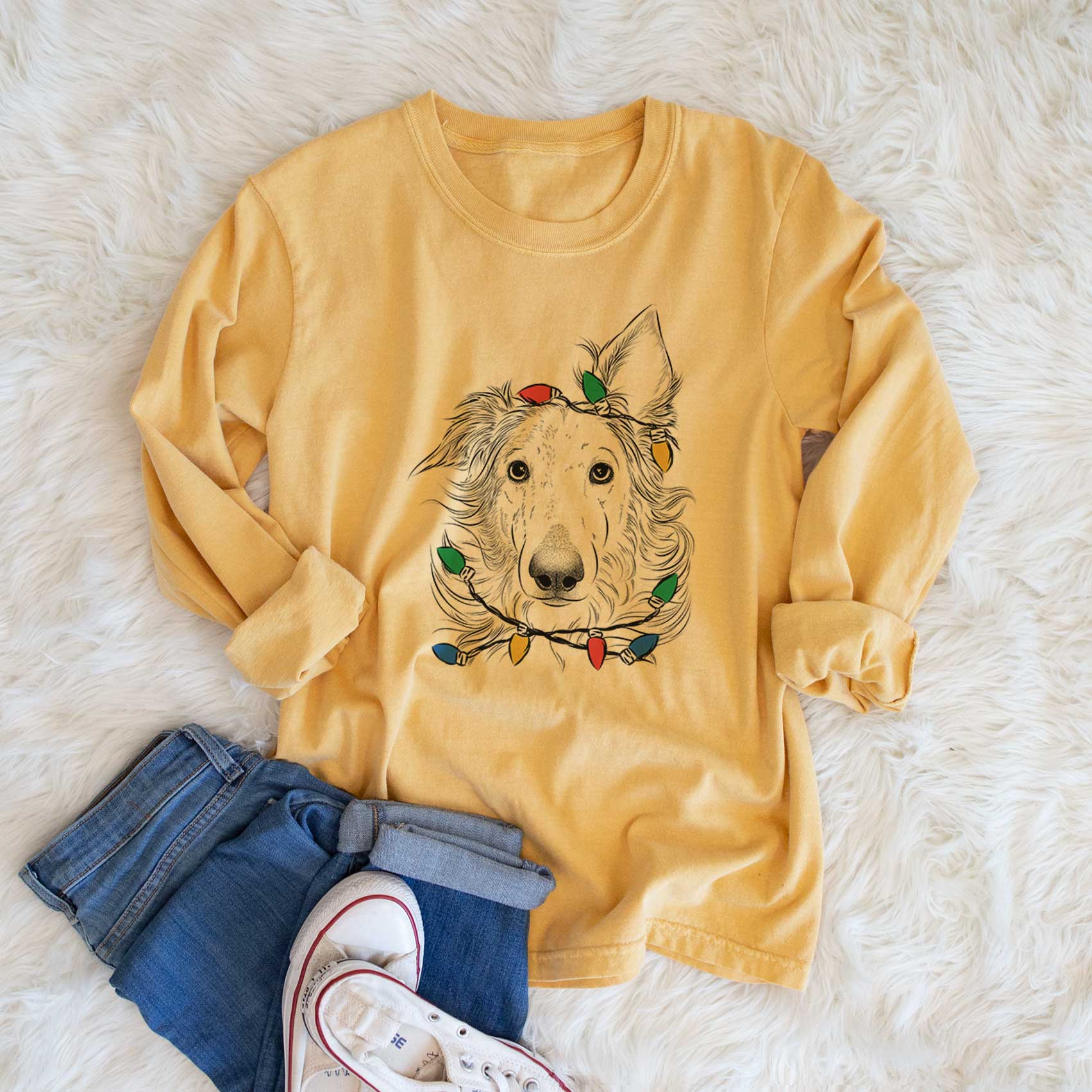 Christmas Lights Jasha the Borzoi - Heavyweight 100% Cotton Long Sleeve