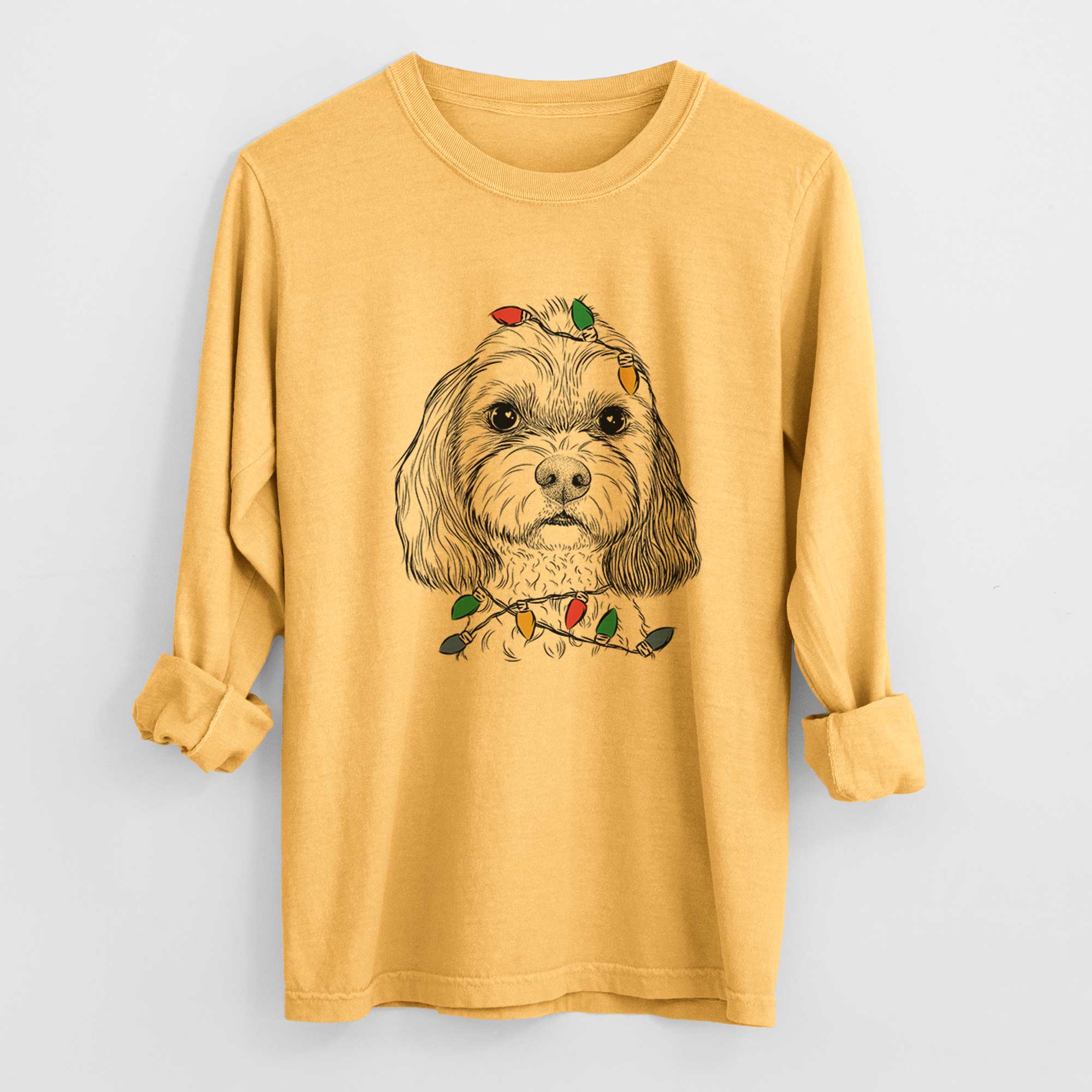 Christmas Lights Jasper Diggins the Cavapoo - Heavyweight 100% Cotton Long Sleeve