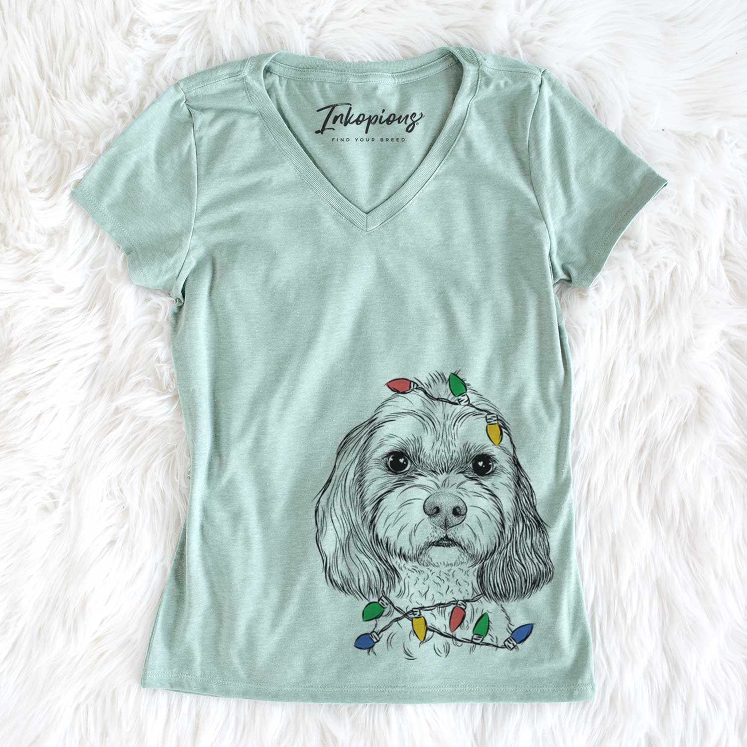 Christmas Lights Jasper Diggins the Cavapoo - Women's V-neck Shirt