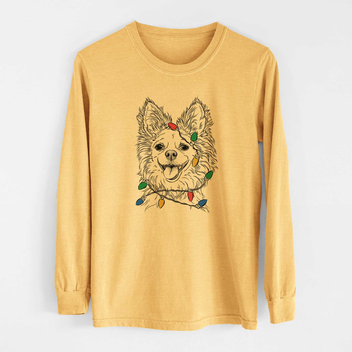 Christmas Lights Jasper the Pomchi - Heavyweight 100% Cotton Long Sleeve