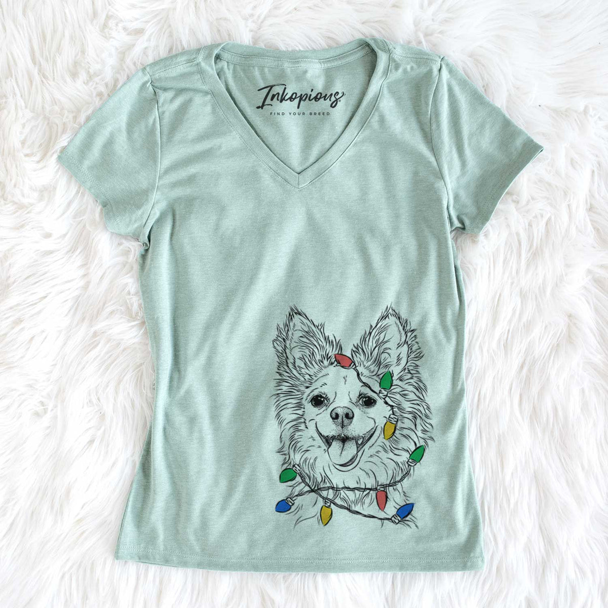 Christmas Lights Jasper the Pomchi - Women&#39;s V-neck Shirt