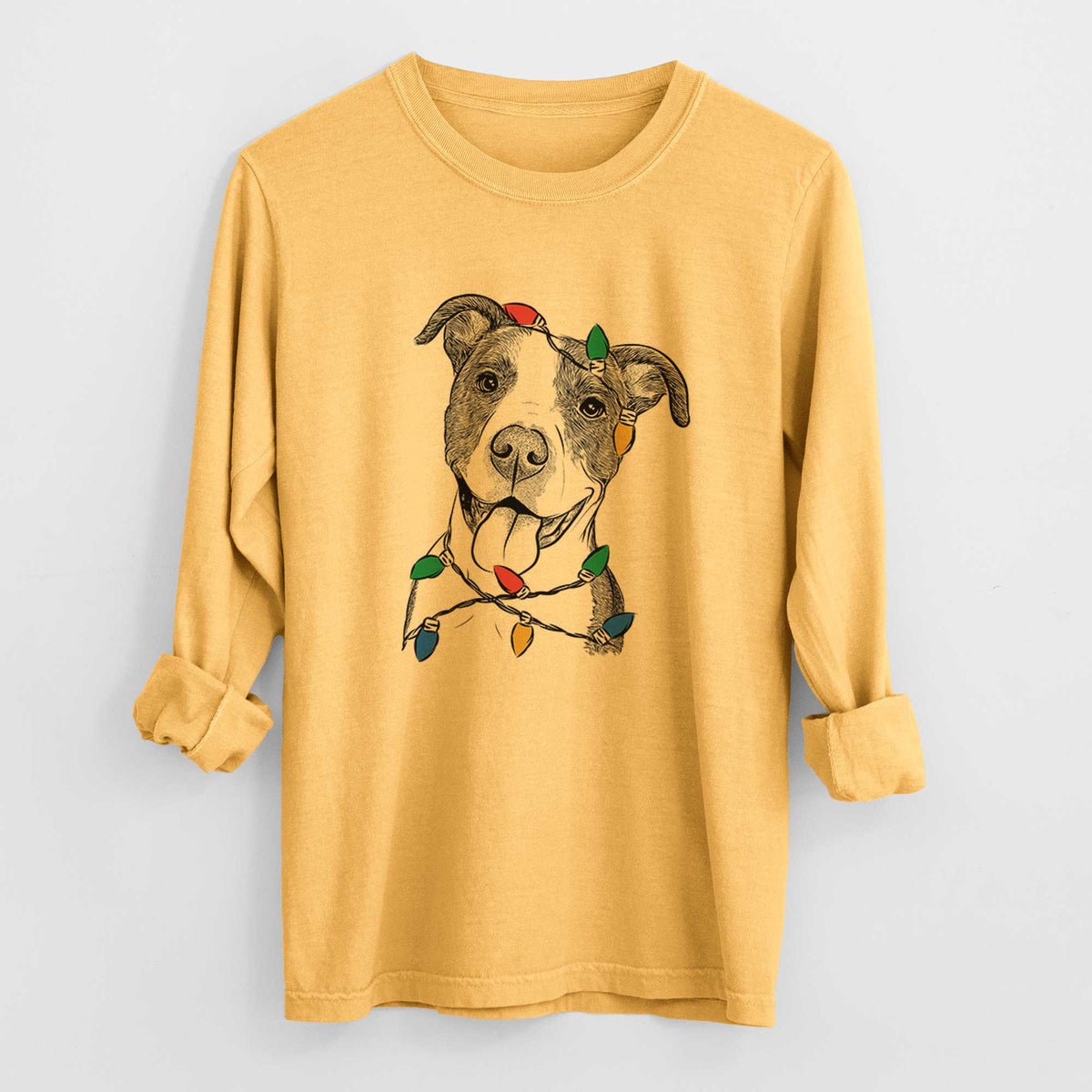 Christmas Lights Jax the American Pitbull Terrier Mix - Heavyweight 100% Cotton Long Sleeve