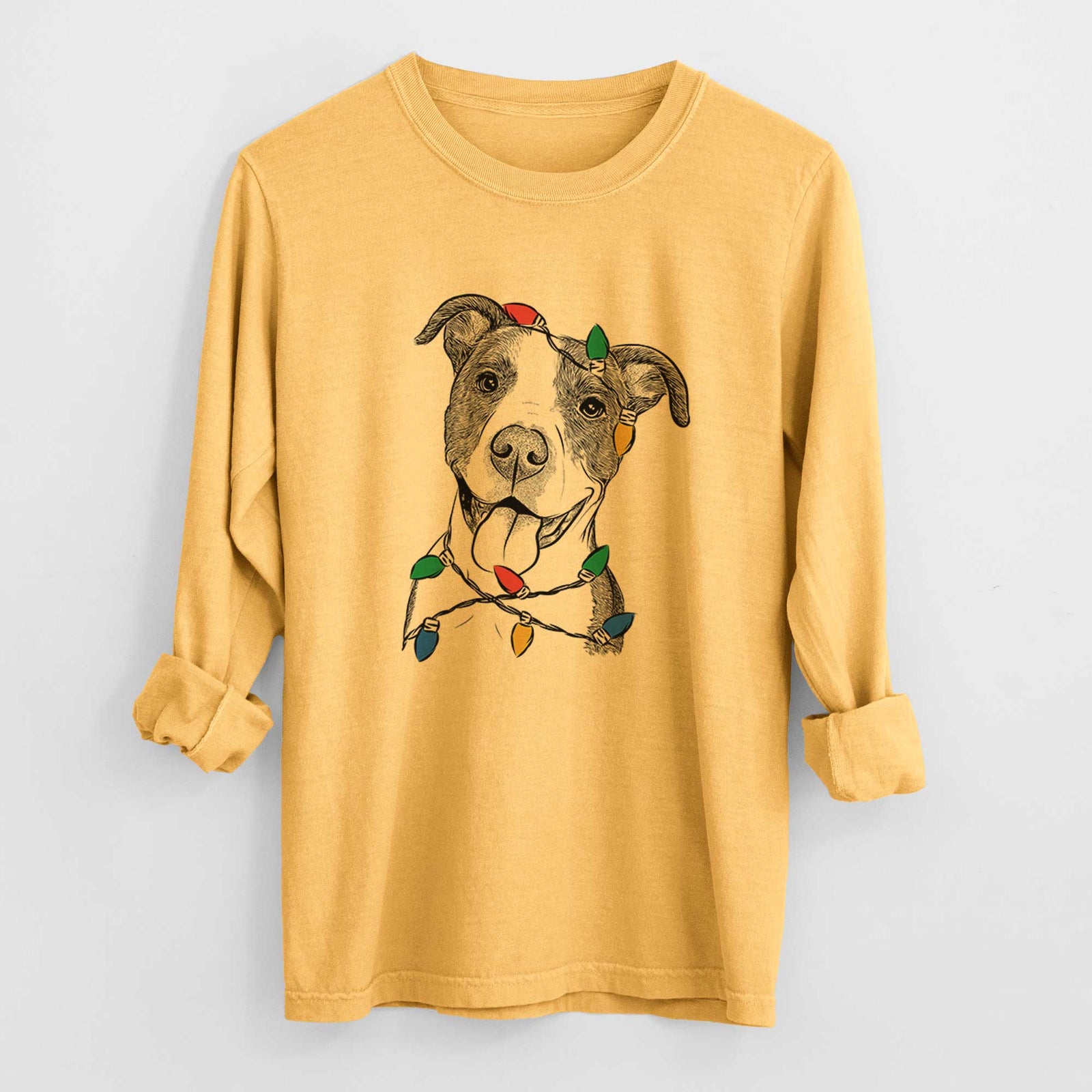 Christmas Lights Jax the American Pitbull Terrier Mix - Heavyweight 100% Cotton Long Sleeve